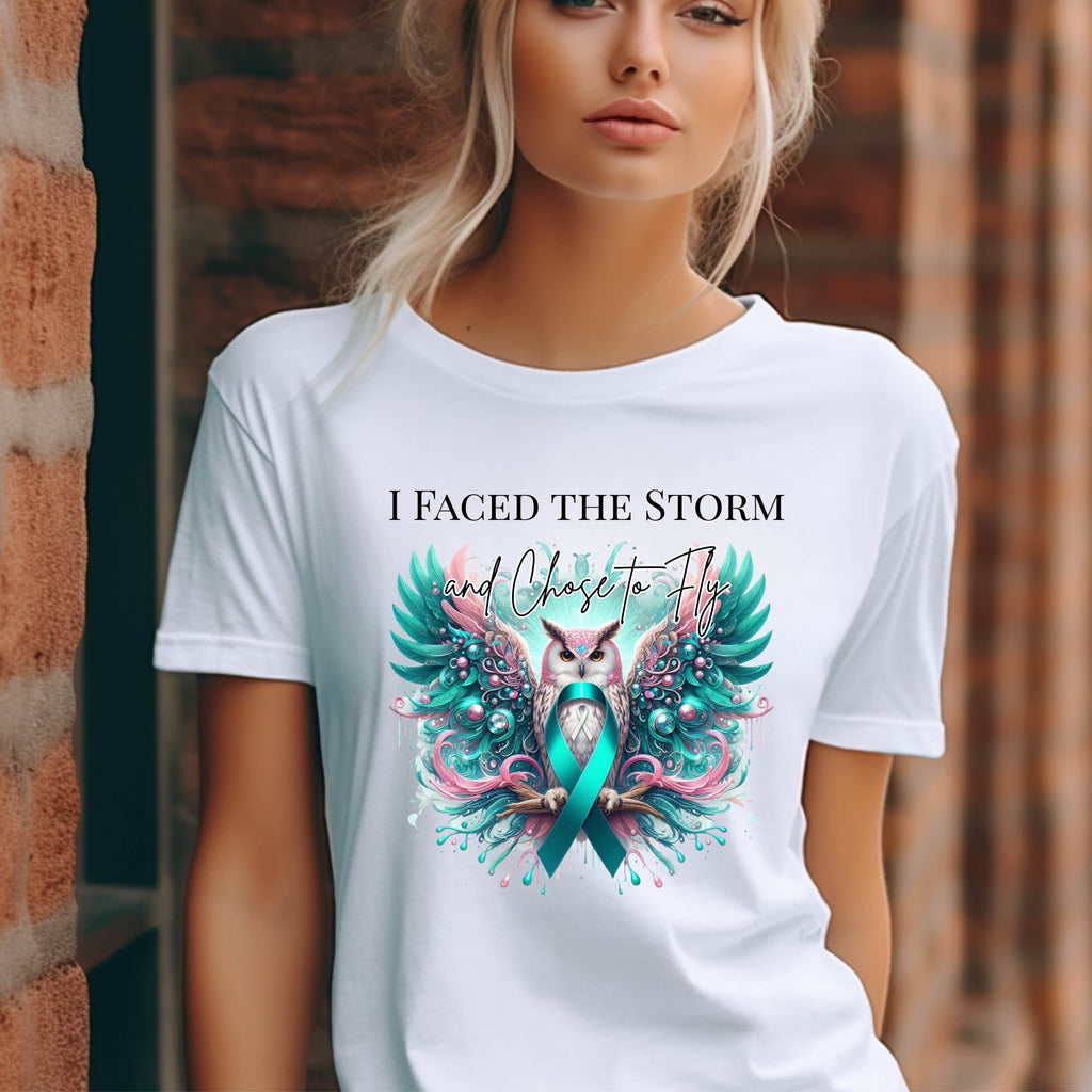 I Faced the Storm and Chose to Fly | Teal & Pink Owl Ribbon Awareness Shirt