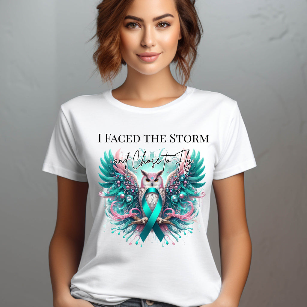 I Faced the Storm and Chose to Fly | Teal & Pink Owl Ribbon Awareness Shirt