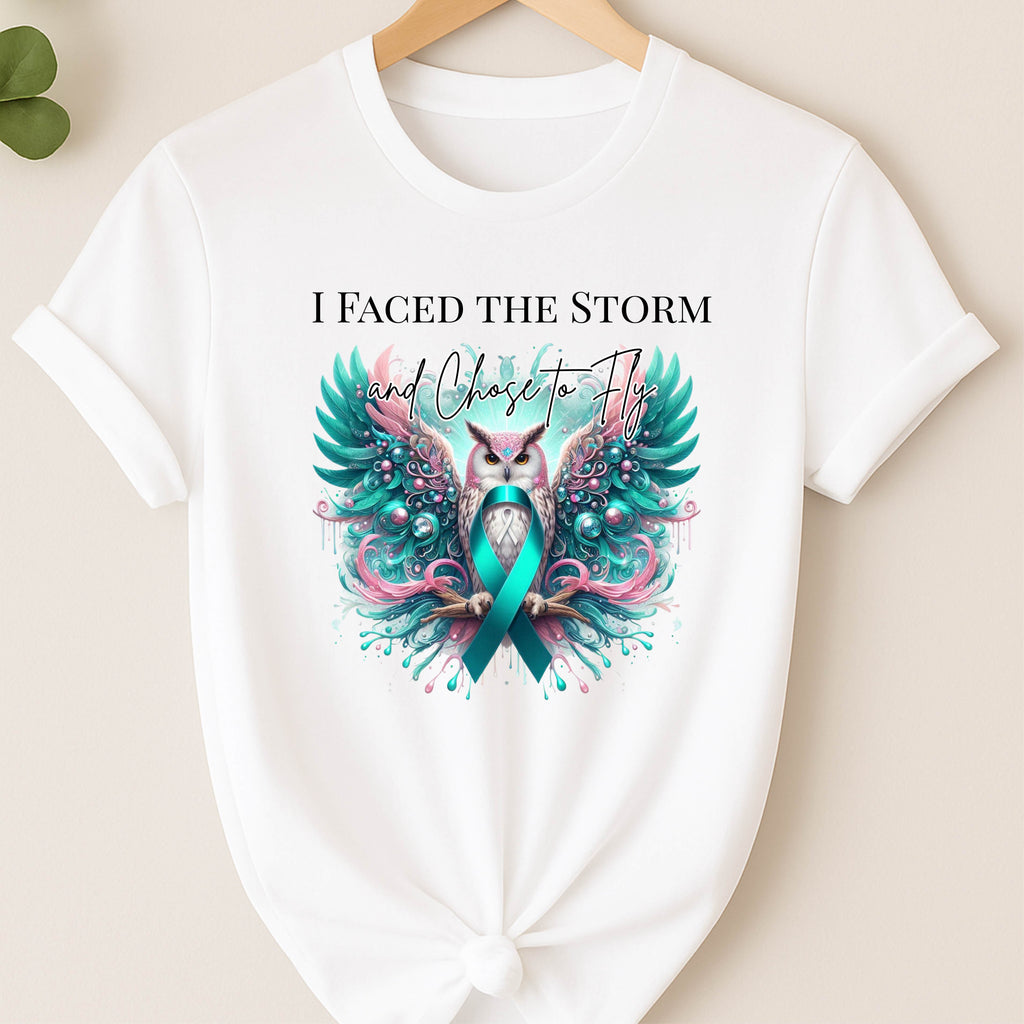 I Faced the Storm and Chose to Fly | Teal & Pink Owl Ribbon Awareness Shirt