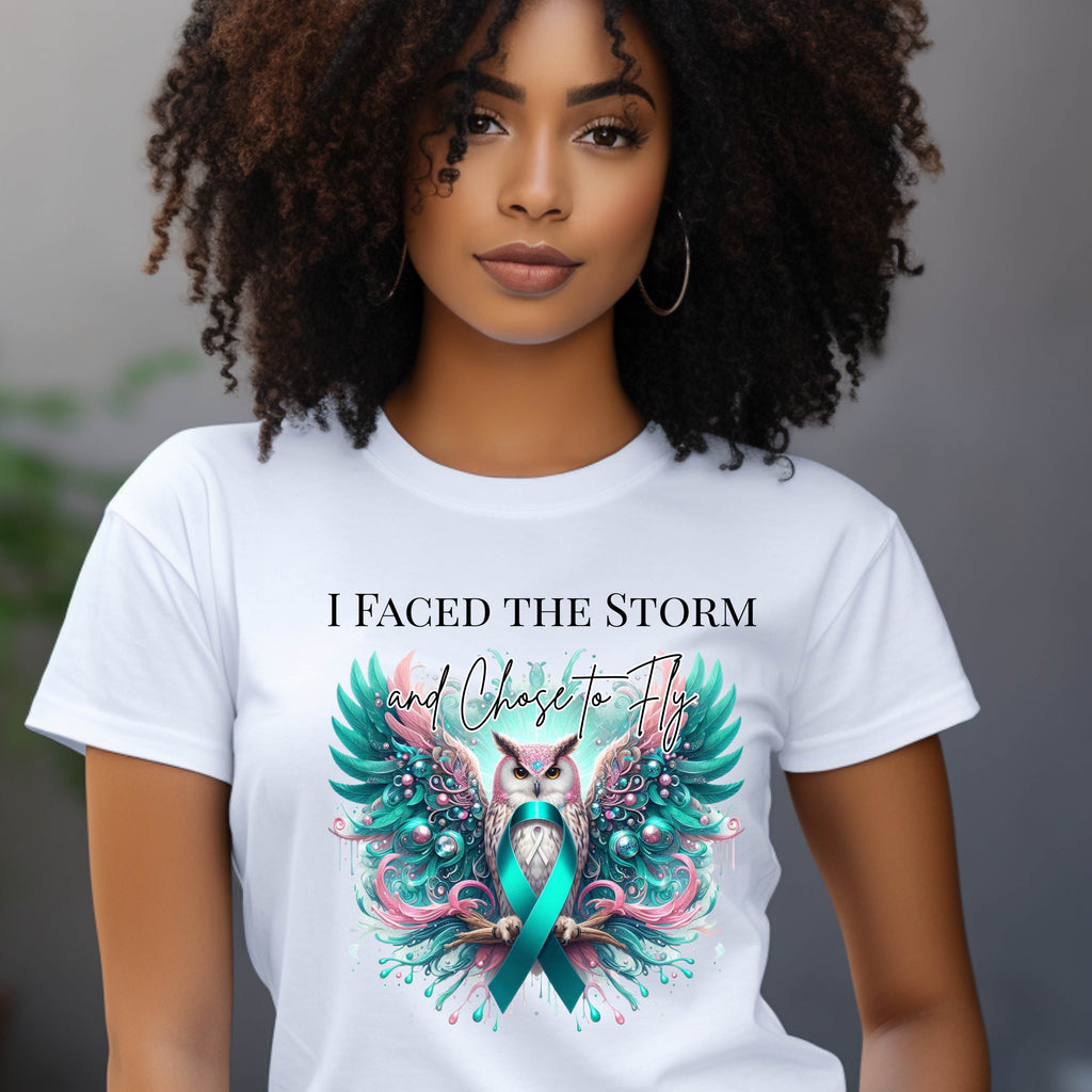 I Faced the Storm and Chose to Fly | Teal & Pink Owl Ribbon Awareness Shirt