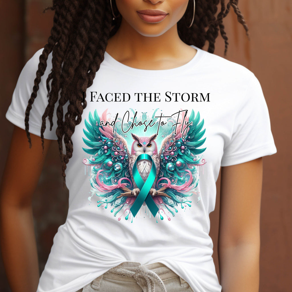 I Faced the Storm and Chose to Fly | Teal & Pink Owl Ribbon Awareness Shirt