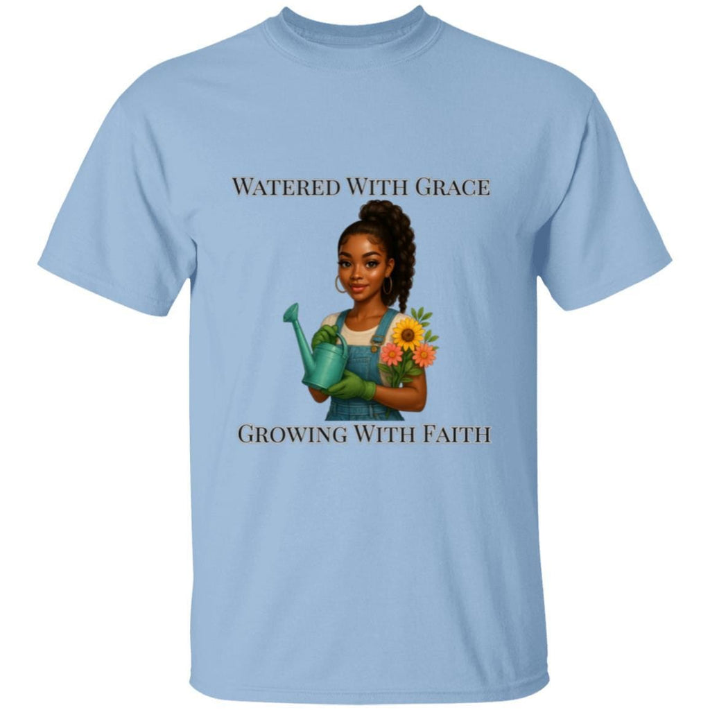 Watered With Grace Faith Tee | Afro Girl Gardening Shirt | Christian Mental Health Shirt | Black Girl Garden Therapy Tee | Self Care Gift