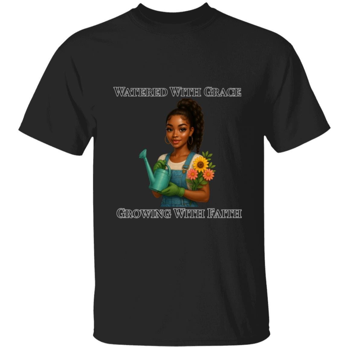 Watered With Grace Faith Tee | Afro Girl Gardening Shirt | Christian Mental Health Shirt | Black Girl Garden Therapy Tee | Self Care Gift