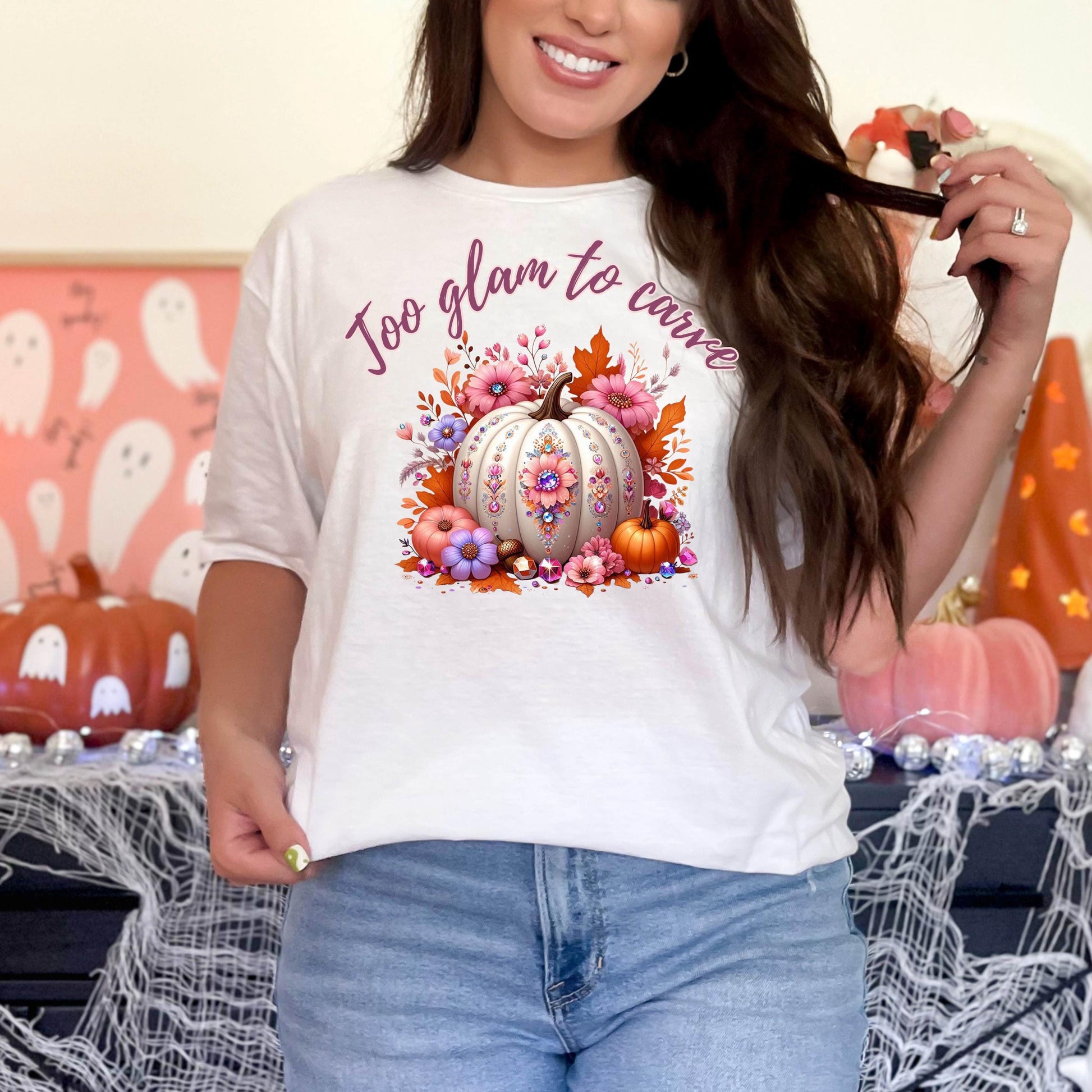 Too Glam to Carve Shirt – Fall Pumpkin Shirt, Cute Halloween Tee, Cozy Autumn Shirt for Women, Thanksgiving Outfit, Pumpkin Spice Shirt