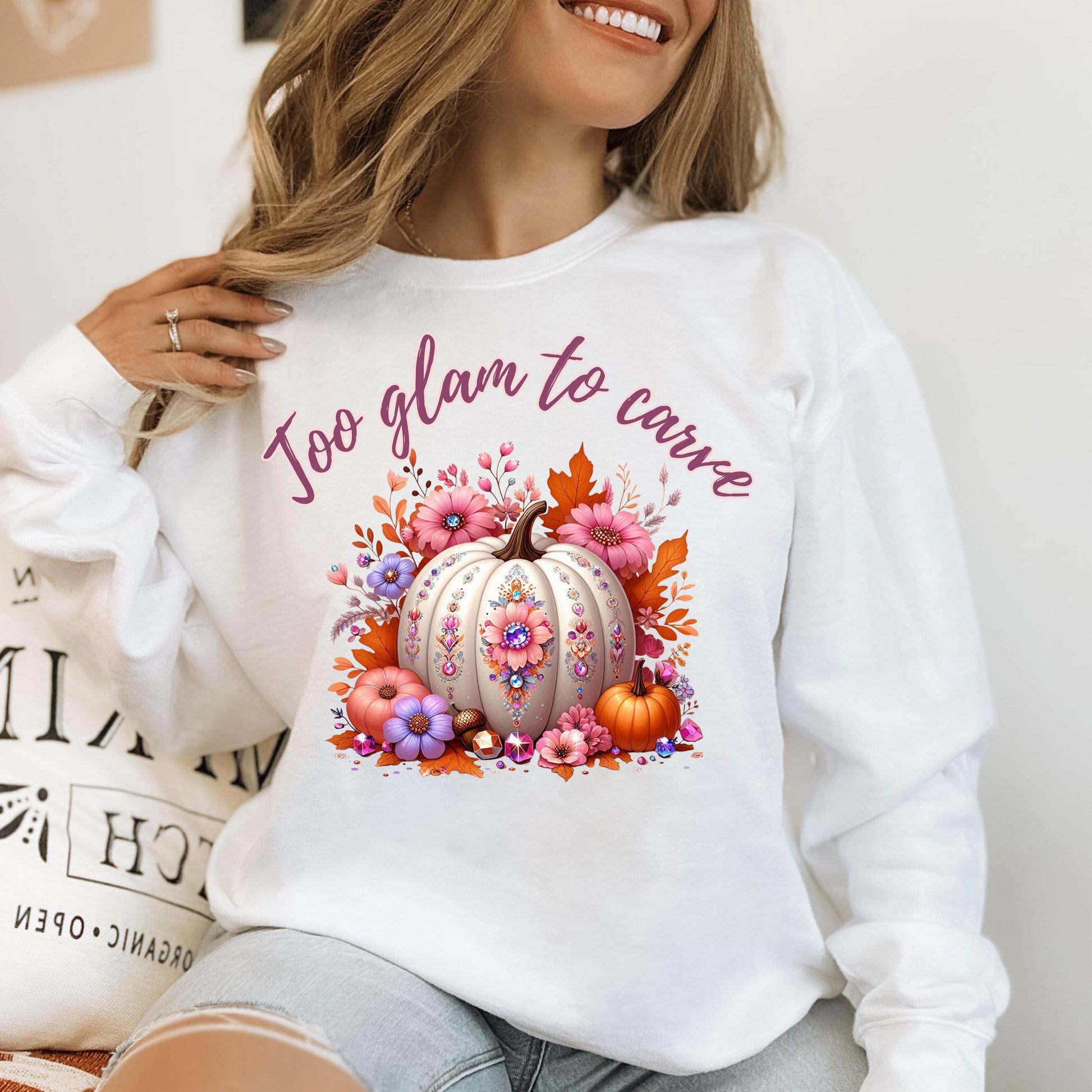 Too Glam to Carve Crewneck Sweatshirt | Fall Pumpkin Sweatshirt | Cozy Fall Shirt | Glam Halloween Sweatshirt | Cute Fall Vibes Pullover