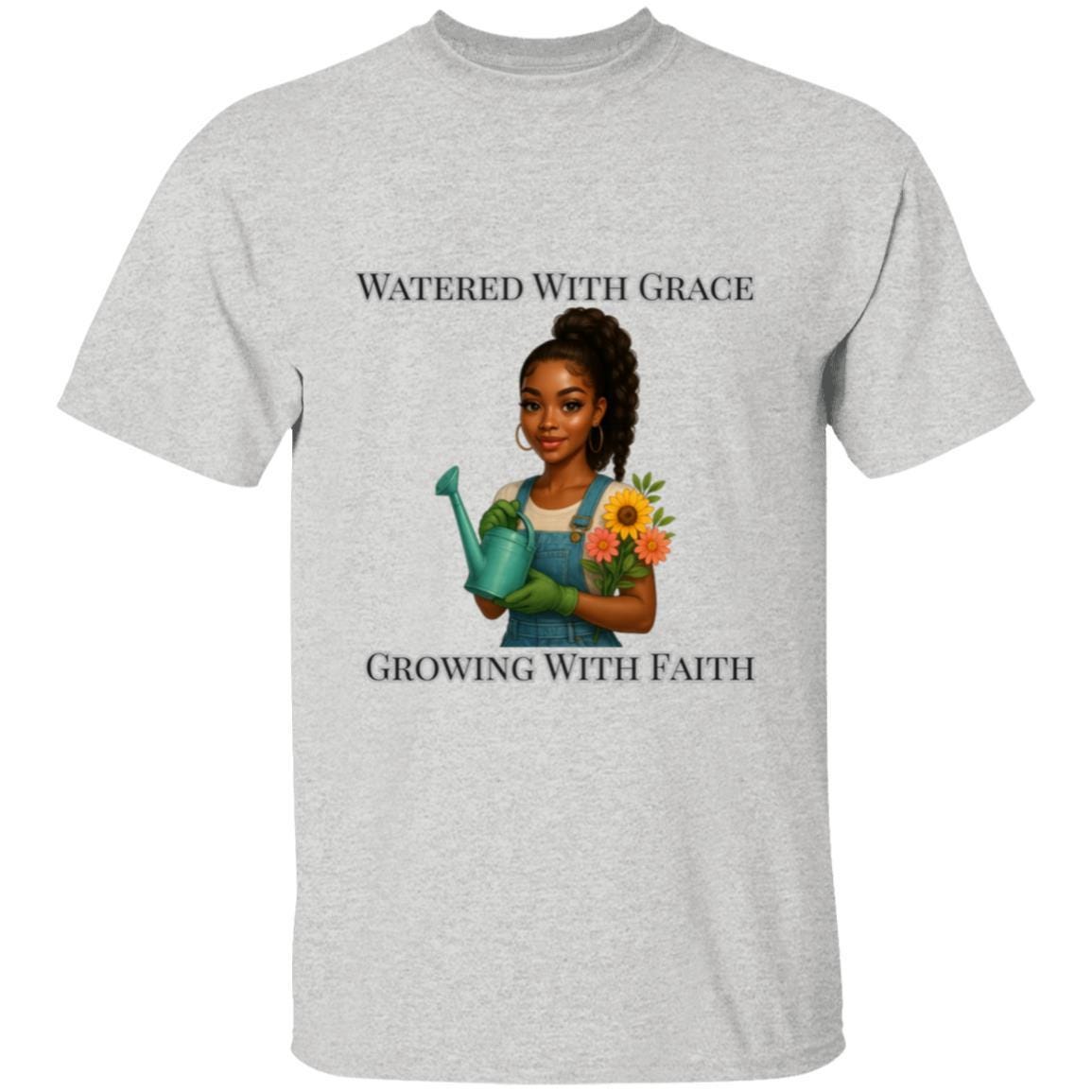 Watered With Grace Faith Tee | Afro Girl Gardening Shirt | Christian Mental Health Shirt | Black Girl Garden Therapy Tee | Self Care Gift