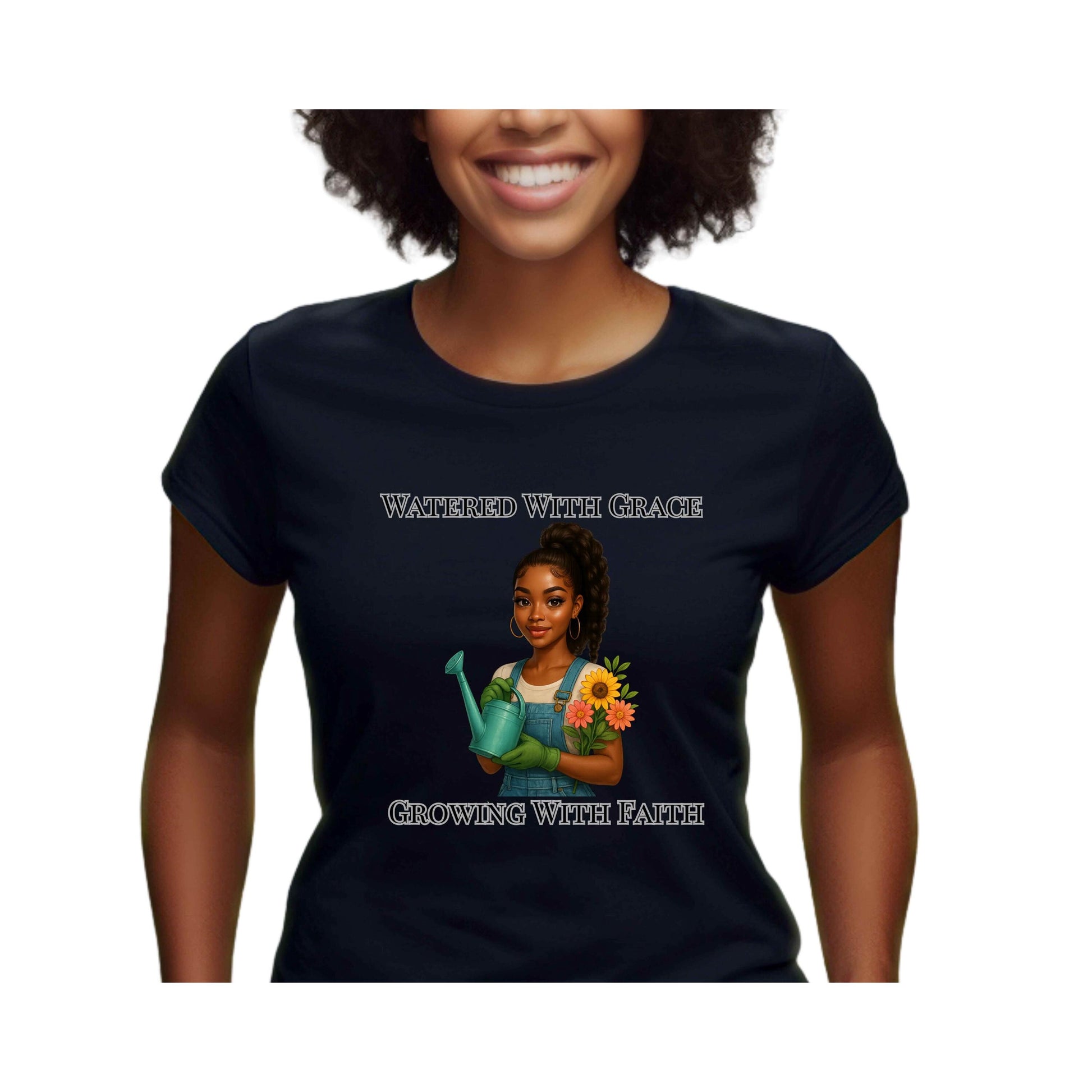 Watered With Grace Faith Tee | Afro Girl Gardening Shirt | Christian Mental Health Shirt | Black Girl Garden Therapy Tee | Self Care Gift