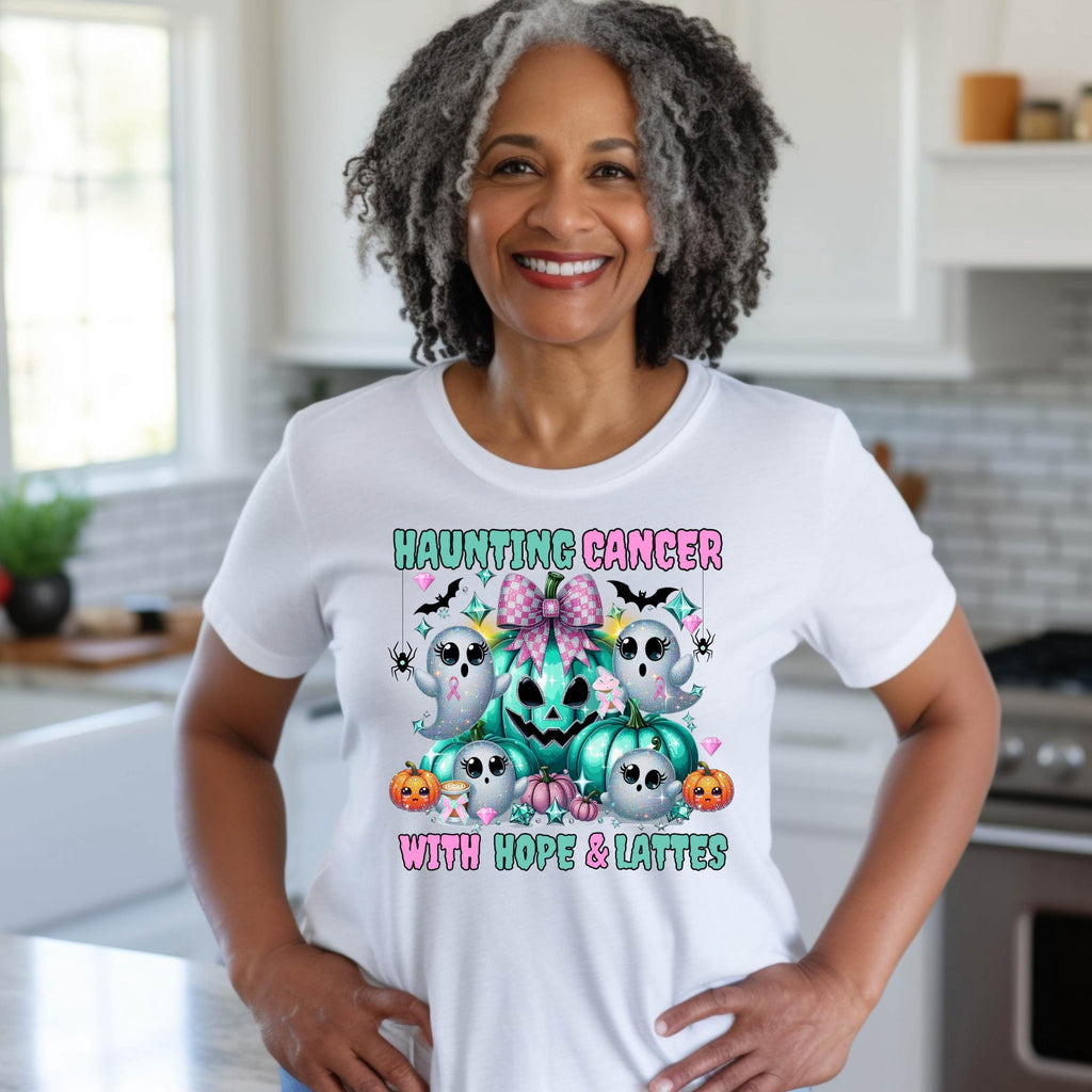 Haunting Cancer Shirt – Pastel Ghost Halloween Tee – Breast Cancer Awareness Shirt – Hope & Lattes – Cute Fall T-Shirt