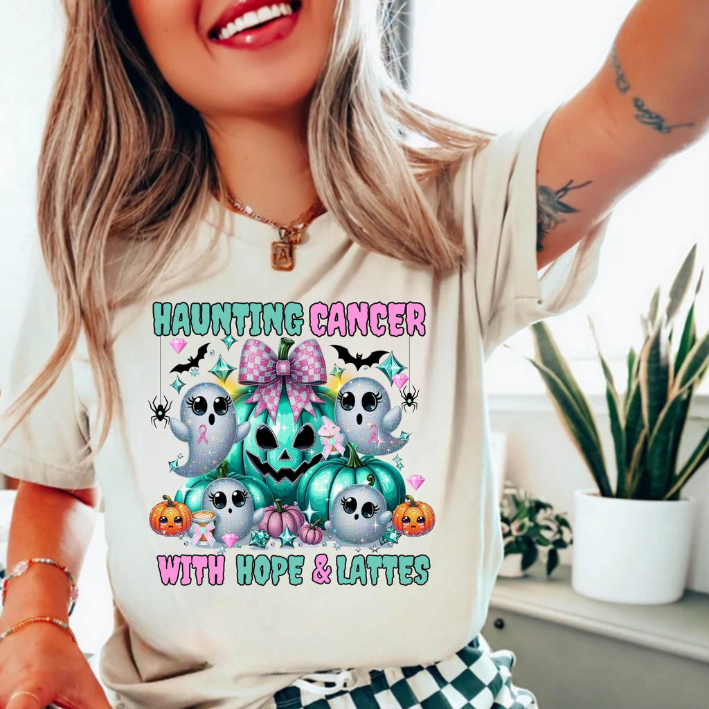 Haunting Cancer Shirt – Pastel Ghost Halloween Tee – Breast Cancer Awareness Shirt – Hope & Lattes – Cute Fall T-Shirt