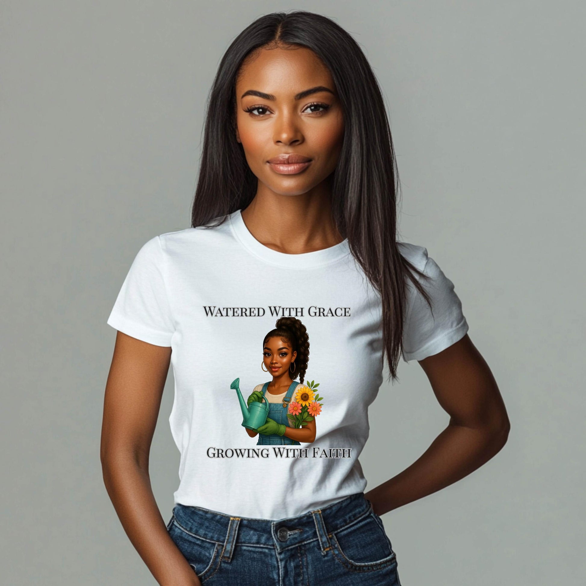Watered With Grace Faith Tee | Afro Girl Gardening Shirt | Christian Mental Health Shirt | Black Girl Garden Therapy Tee | Self Care Gift