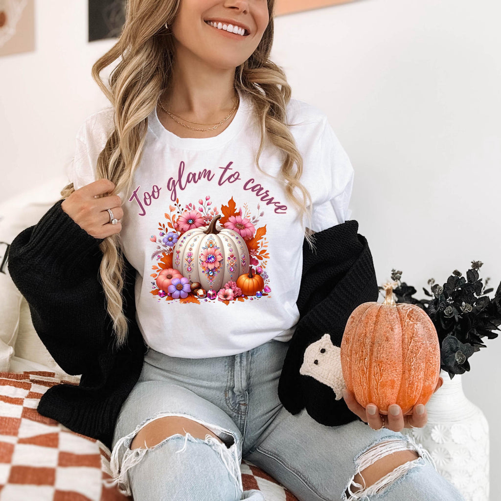 Too Glam to Carve Shirt – Fall Pumpkin Shirt, Cute Halloween Tee, Cozy Autumn Shirt for Women, Thanksgiving Outfit, Pumpkin Spice Shirt
