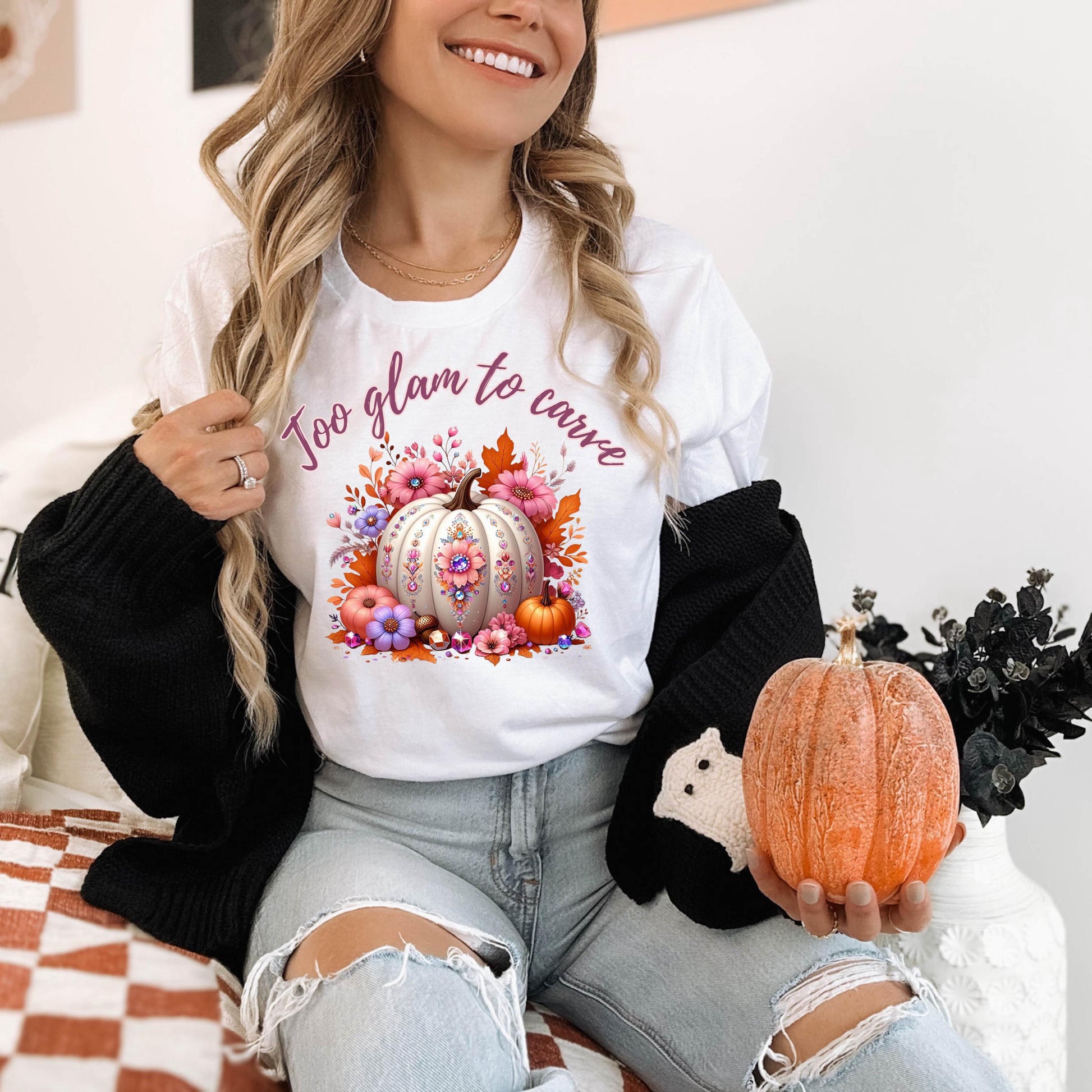 Too Glam to Carve Shirt – Fall Pumpkin Shirt, Cute Halloween Tee, Cozy Autumn Shirt for Women, Thanksgiving Outfit, Pumpkin Spice Shirt