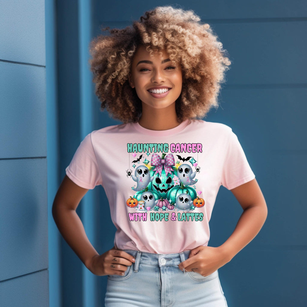 Haunting Cancer Shirt – Pastel Ghost Halloween Tee – Breast Cancer Awareness Shirt – Hope & Lattes – Cute Fall T-Shirt