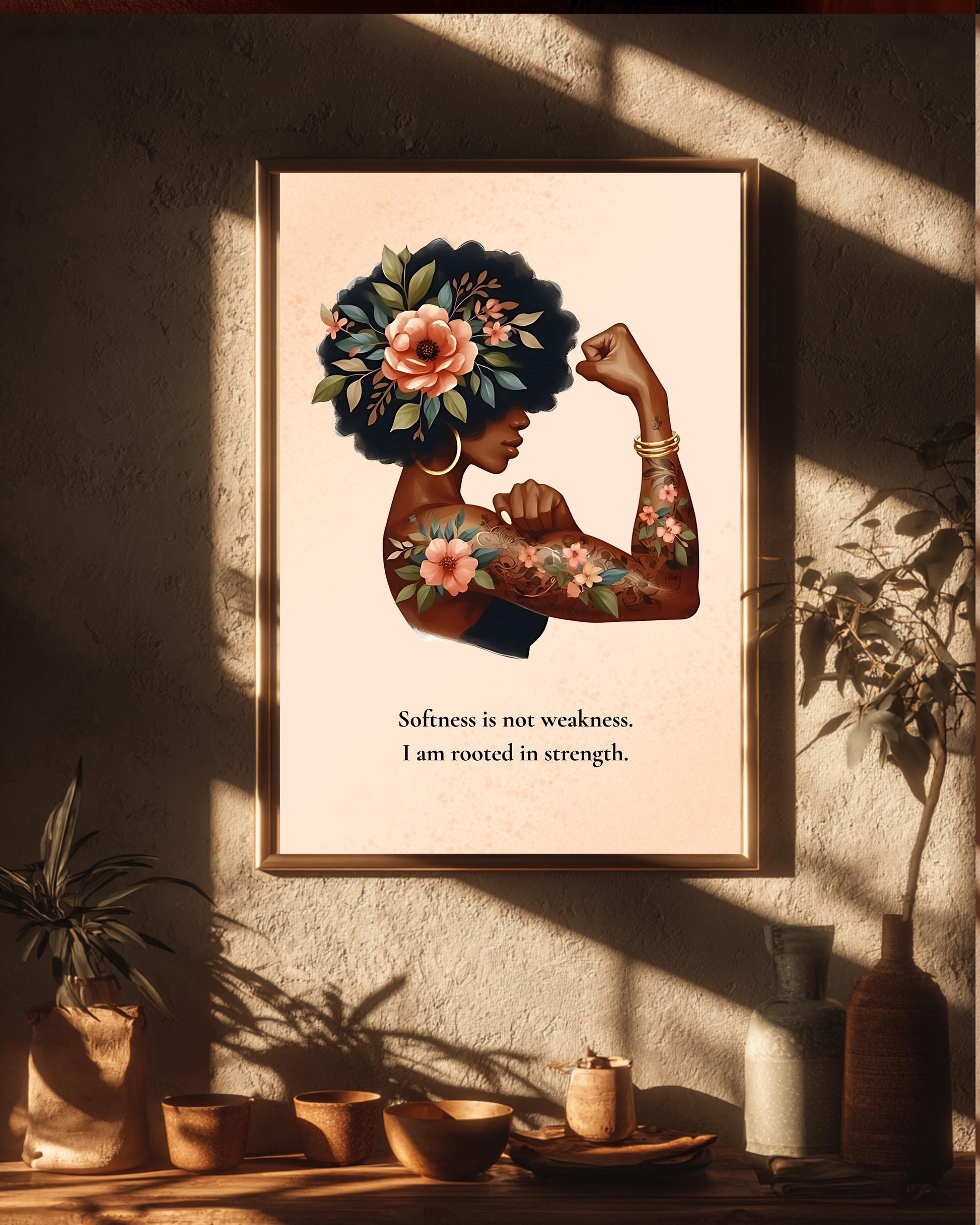 Empowering Black Woman Art Print: Floral Crown, Self-Love Quote (Digital Download 8x10)