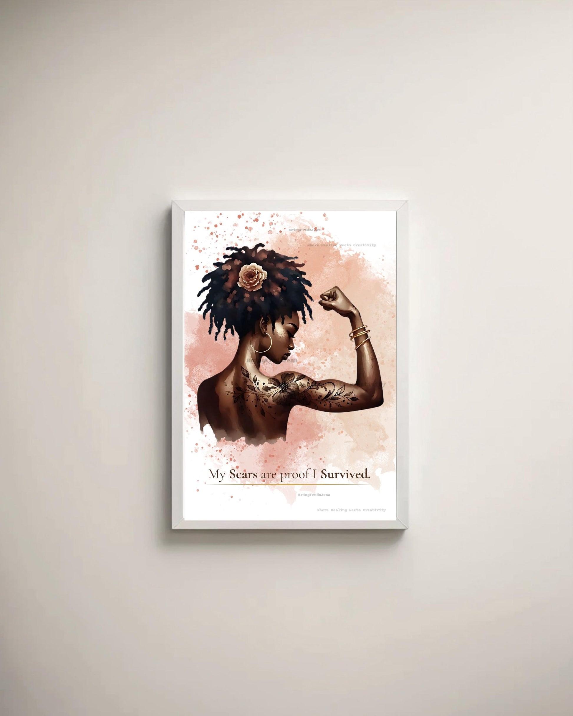 Tattooed Black Woman Art Print: Scars Are Proof, Mental Health Affirmation (PDF & JPG Download)