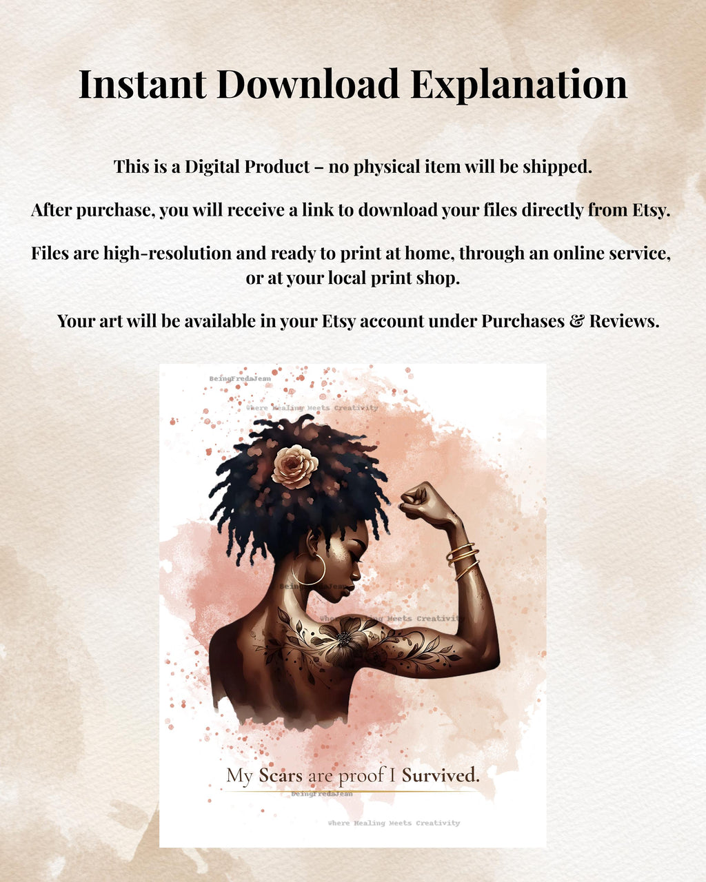 Tattooed Black Woman Art Print: Scars Are Proof, Mental Health Affirmation (PDF & JPG Download)