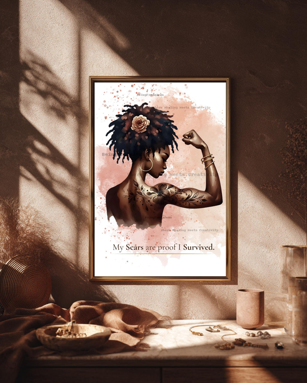 Tattooed Black Woman Art Print: Scars Are Proof, Mental Health Affirmation (PDF & JPG Download)