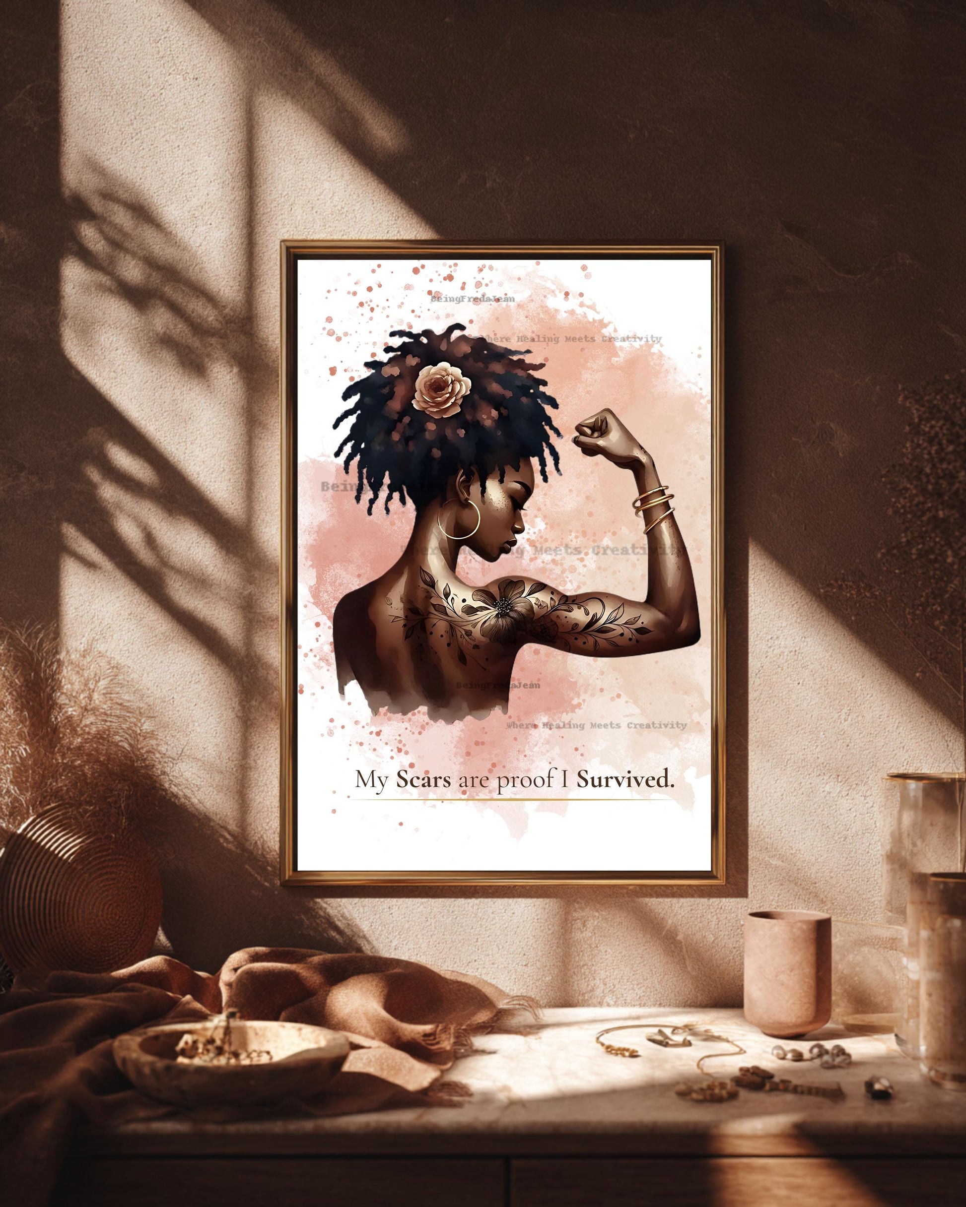 Tattooed Black Woman Art Print: Scars Are Proof, Mental Health Affirmation (PDF & JPG Download)