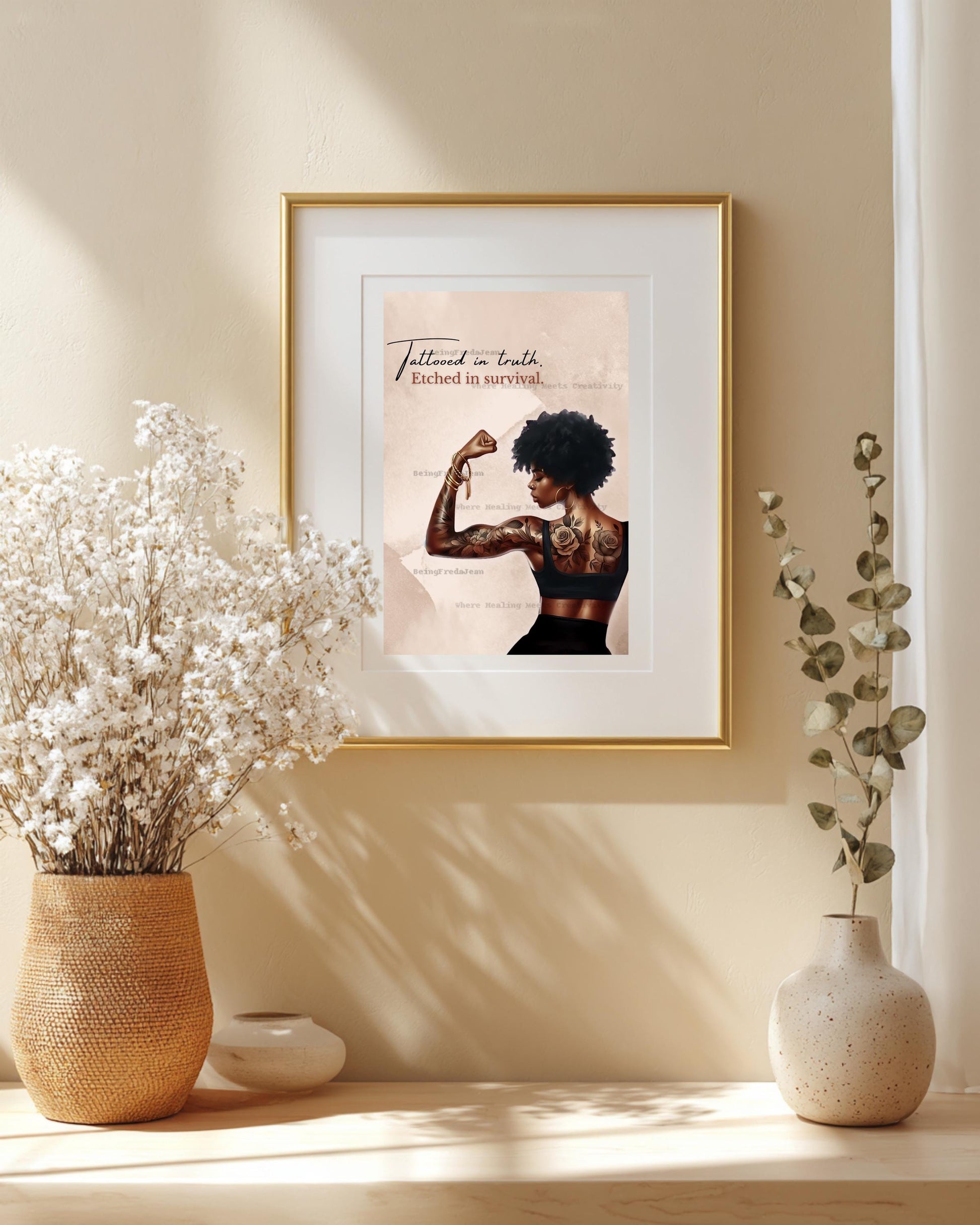 Tattooed Black Woman Art Print: Inspirational Healing Decor (PDF & JPG Digital Download