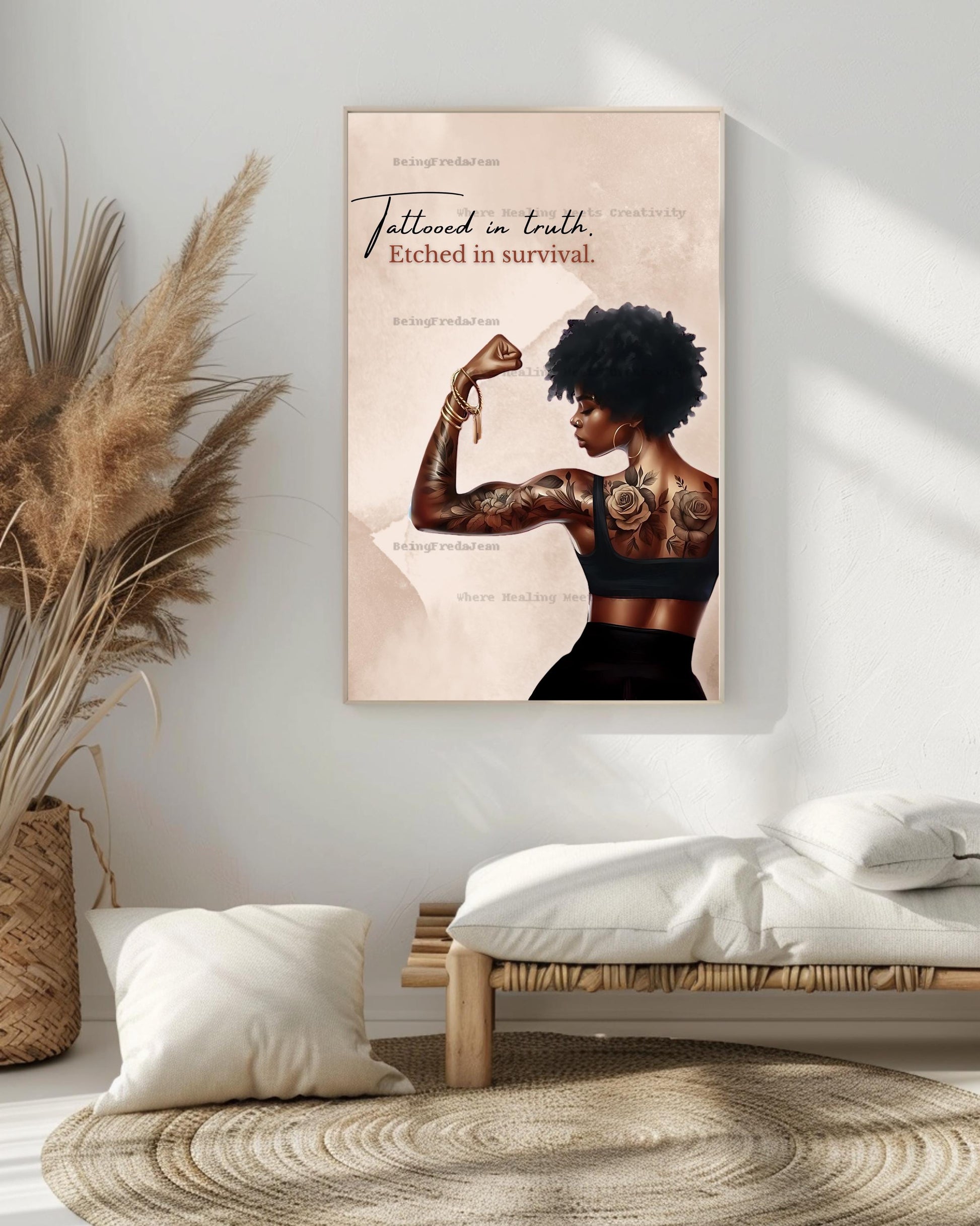 Tattooed Black Woman Art Print: Inspirational Healing Decor (PDF & JPG Digital Download