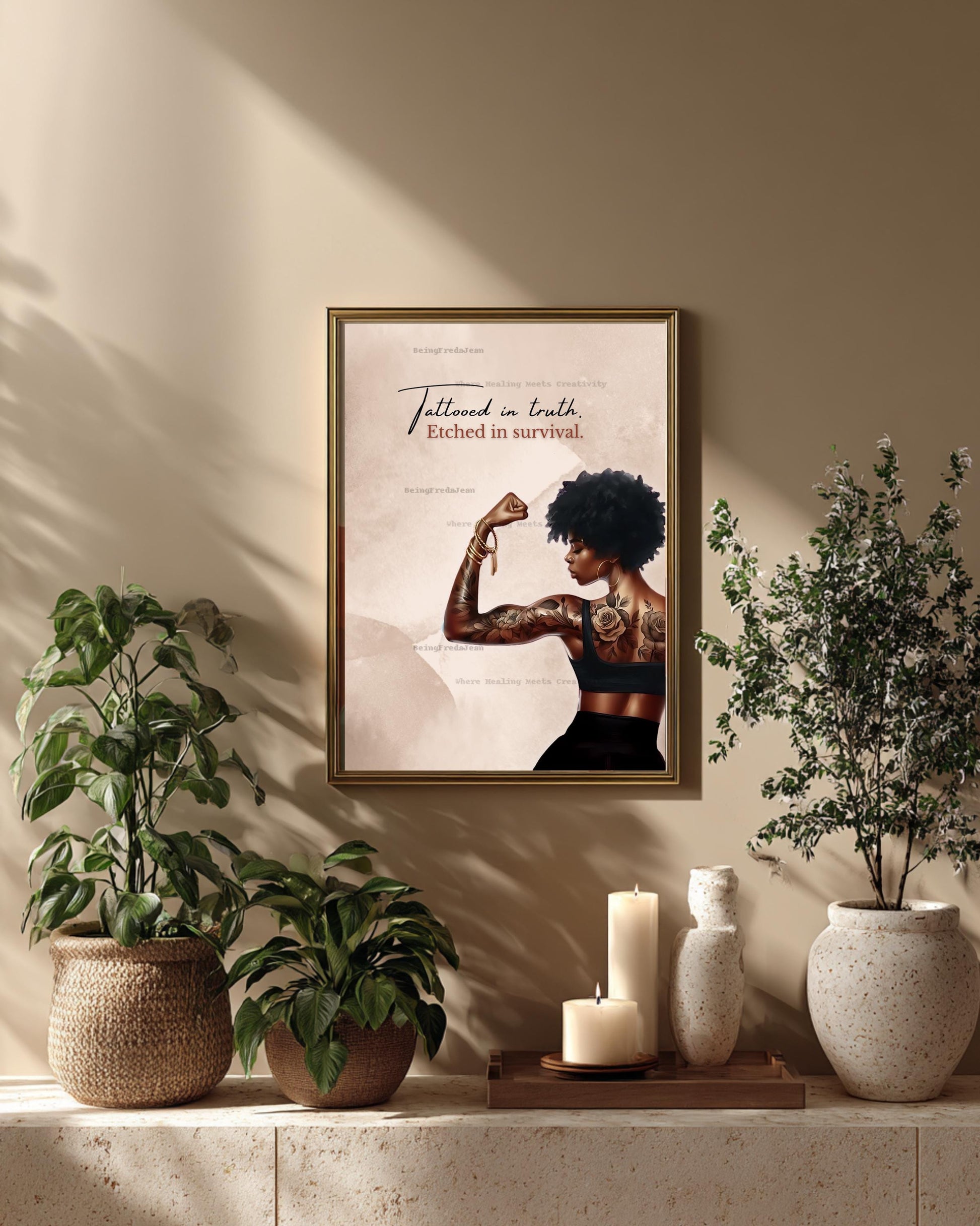Tattooed Black Woman Art Print: Inspirational Healing Decor (PDF & JPG Digital Download