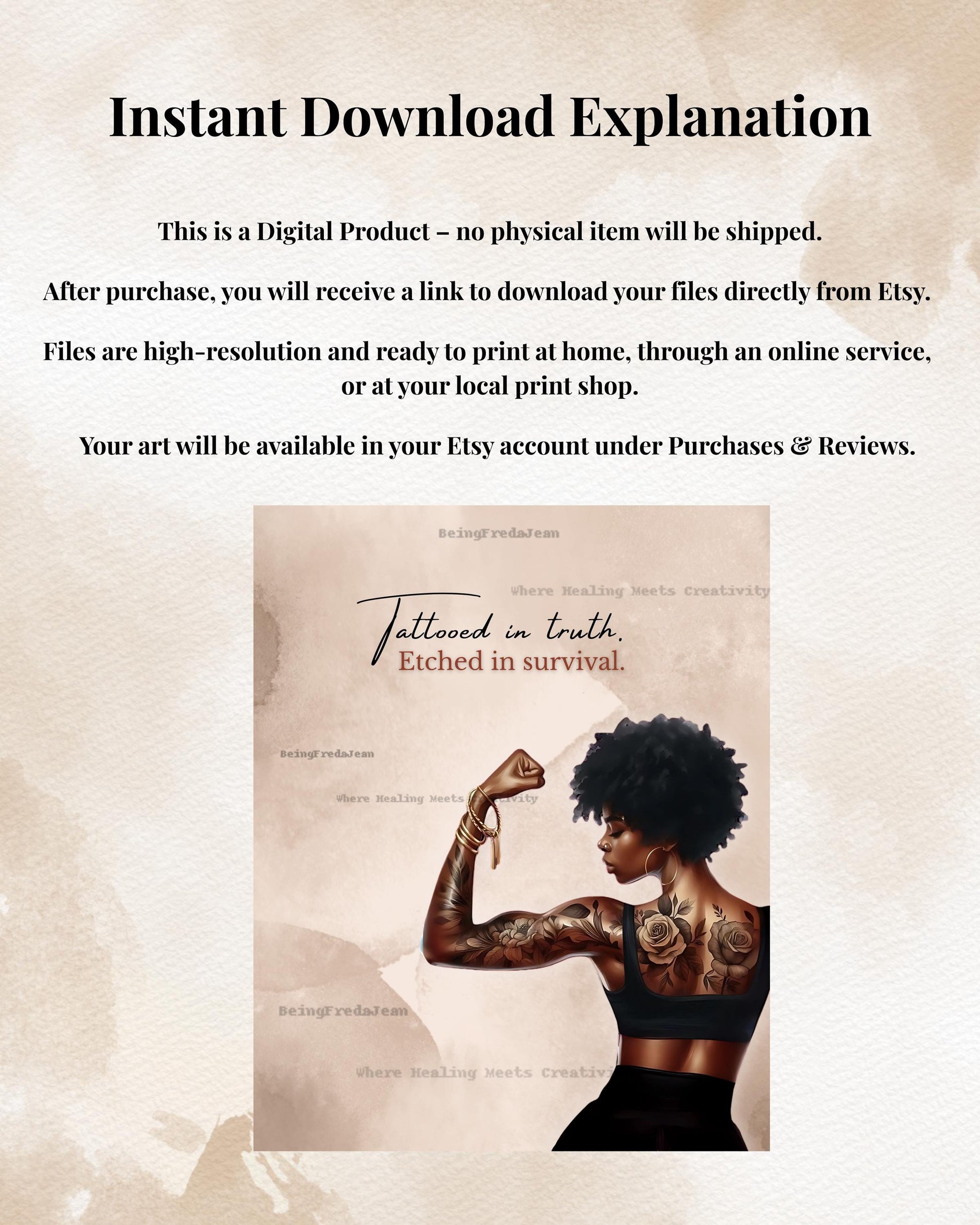 Tattooed Black Woman Art Print: Inspirational Healing Decor (PDF & JPG Digital Download