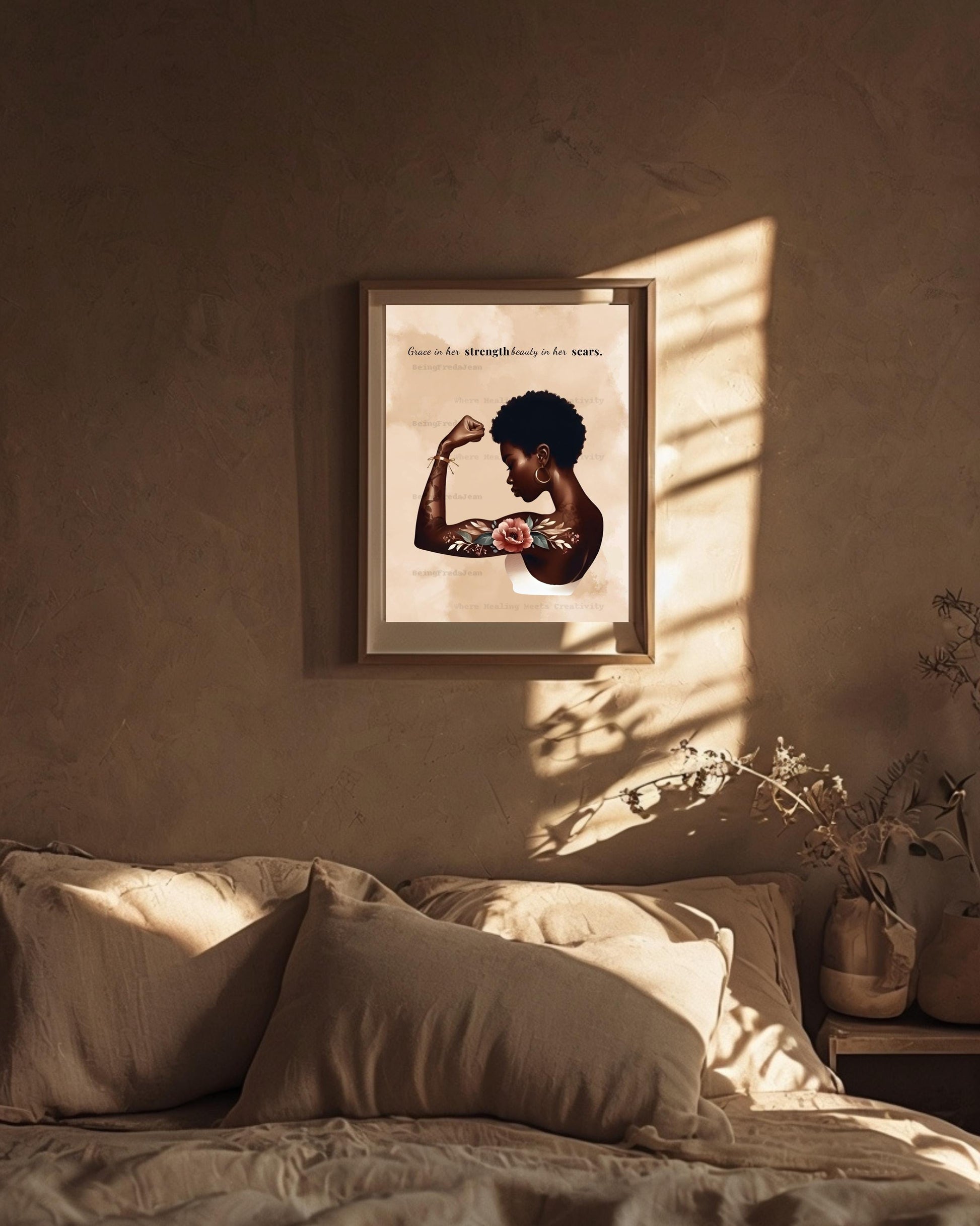 Tattooed Black Woman Art Print: Grace In Her Strength Healing Wall Decor (PDF & JPG Digital Download)