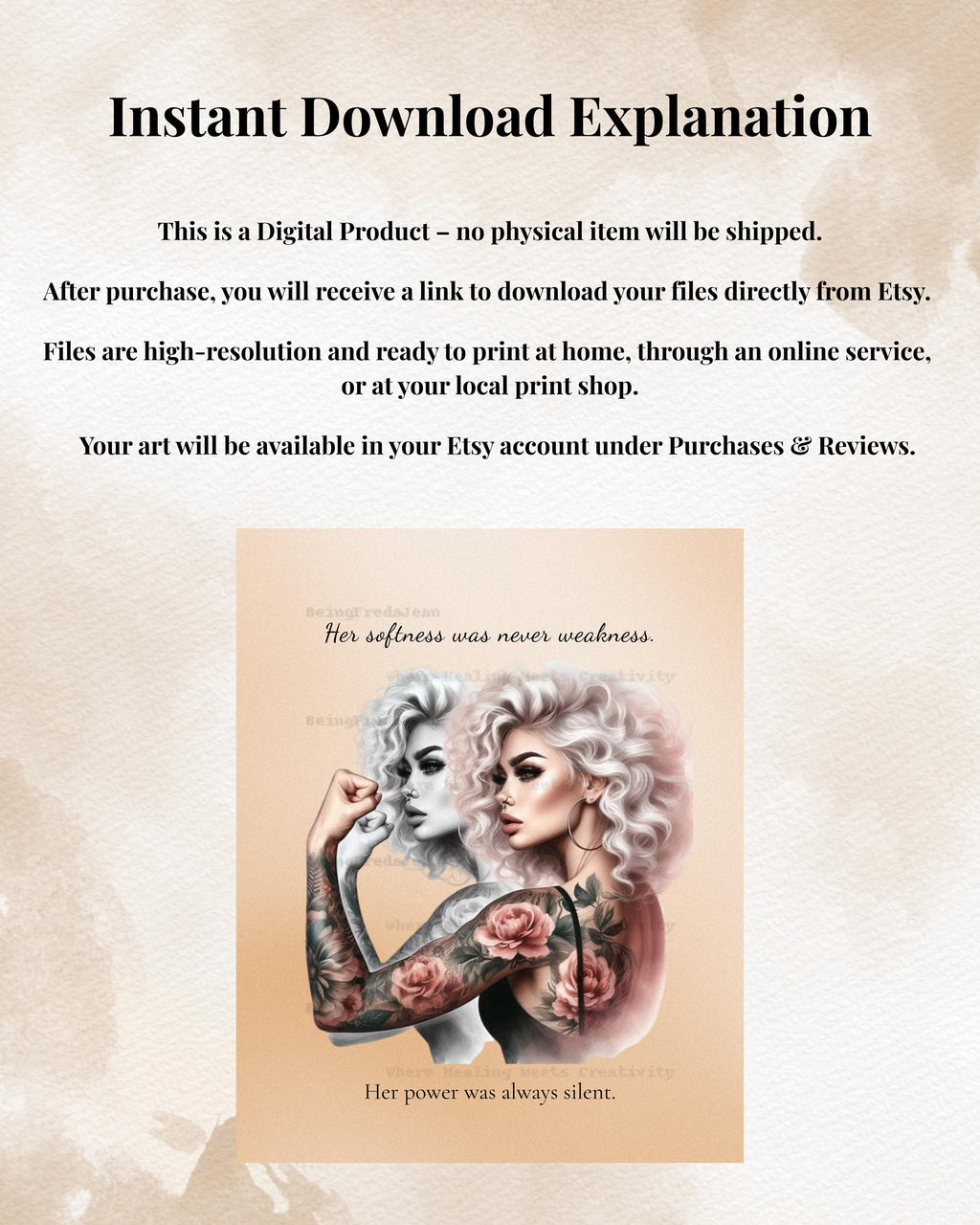 Empowered Woman Tattoo Art Print: Feminine Strength Quote (Digital Download 8x10
