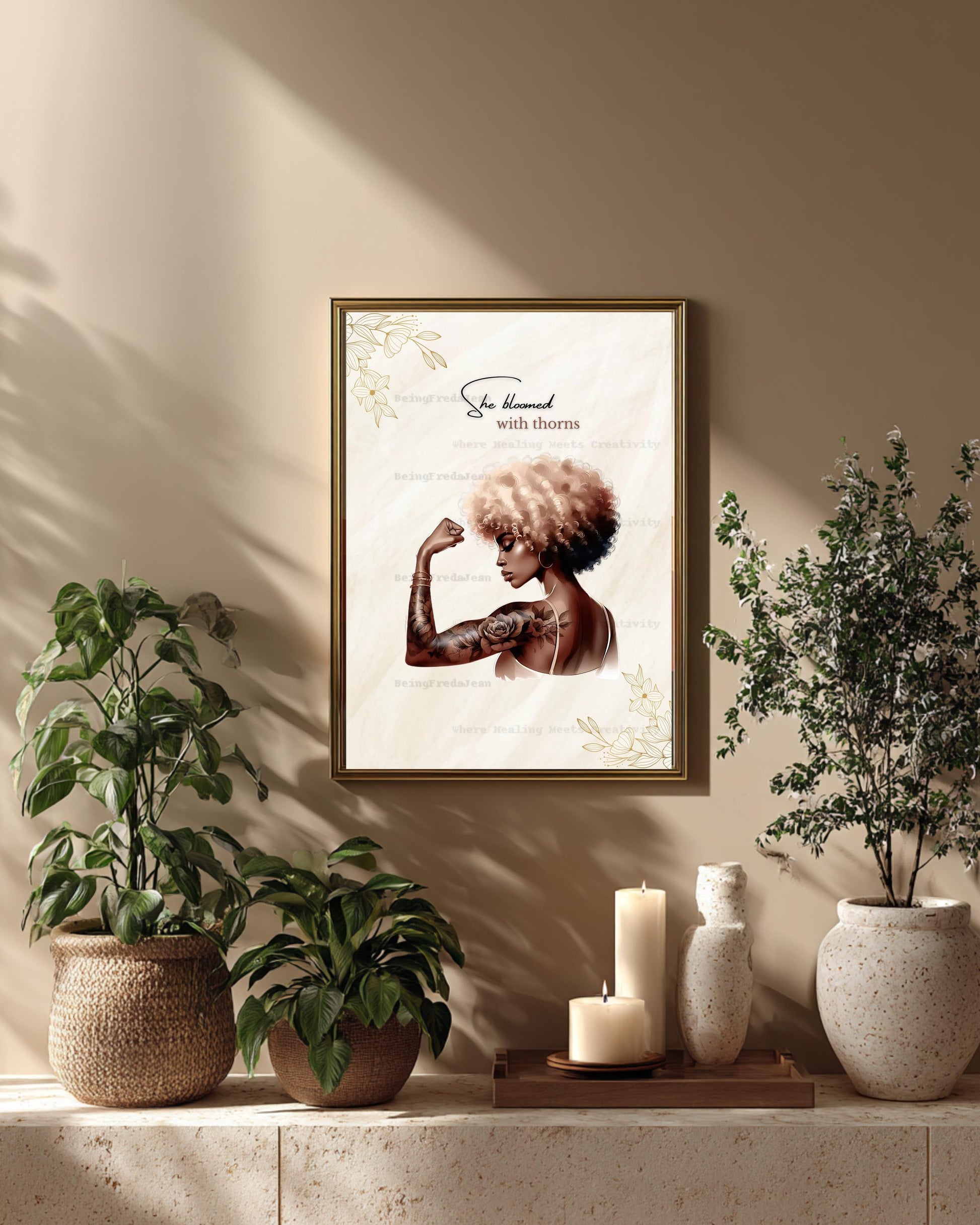Empowerment Afro Woman Art Print: She Bloomed With Thorns (Digital Download 8x10
