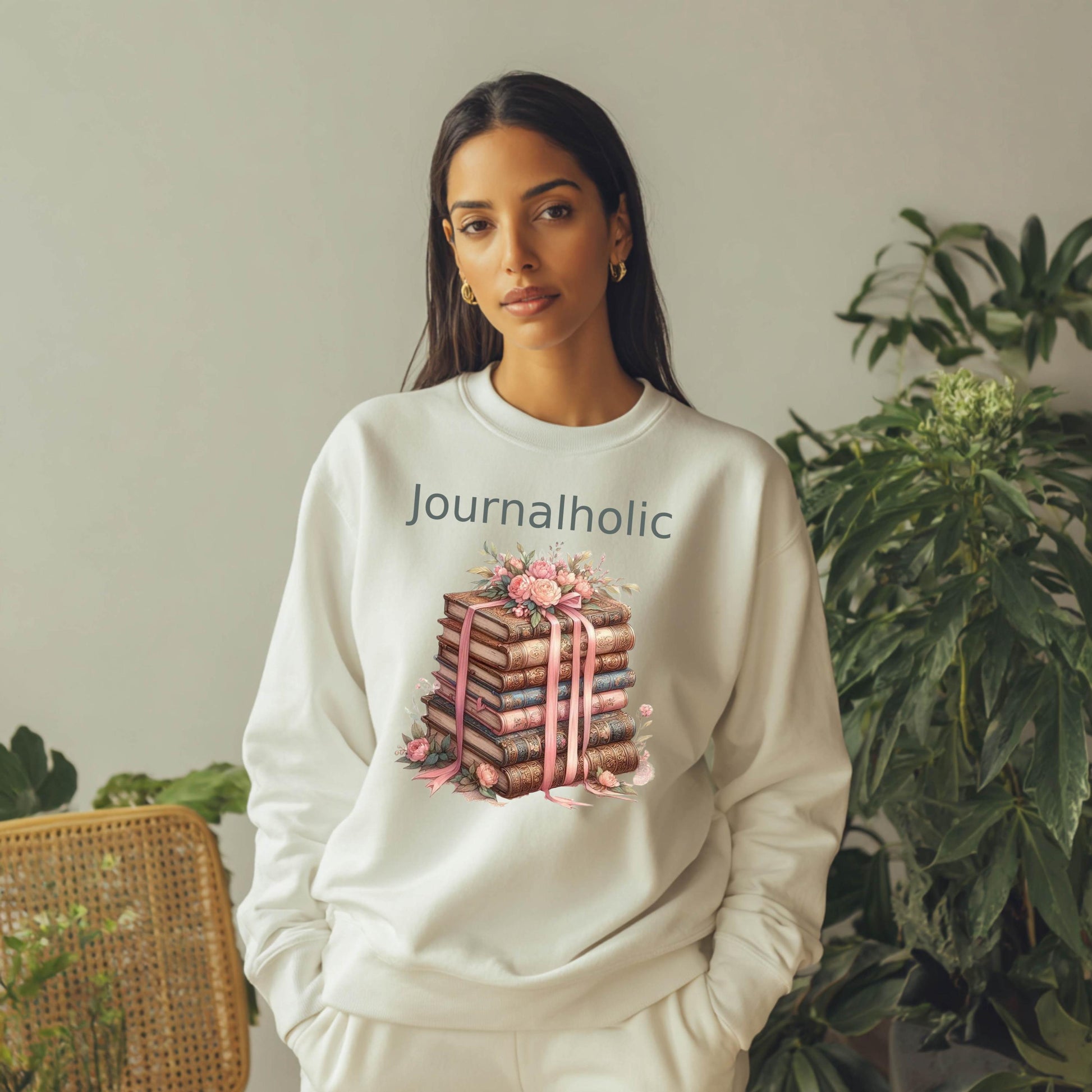 Journalholic Sweatshirt Book Lover Crewneck Gildan 18000 Cozy Reading Sweater Bibliophile Gift Vintage Floral Bookstack
