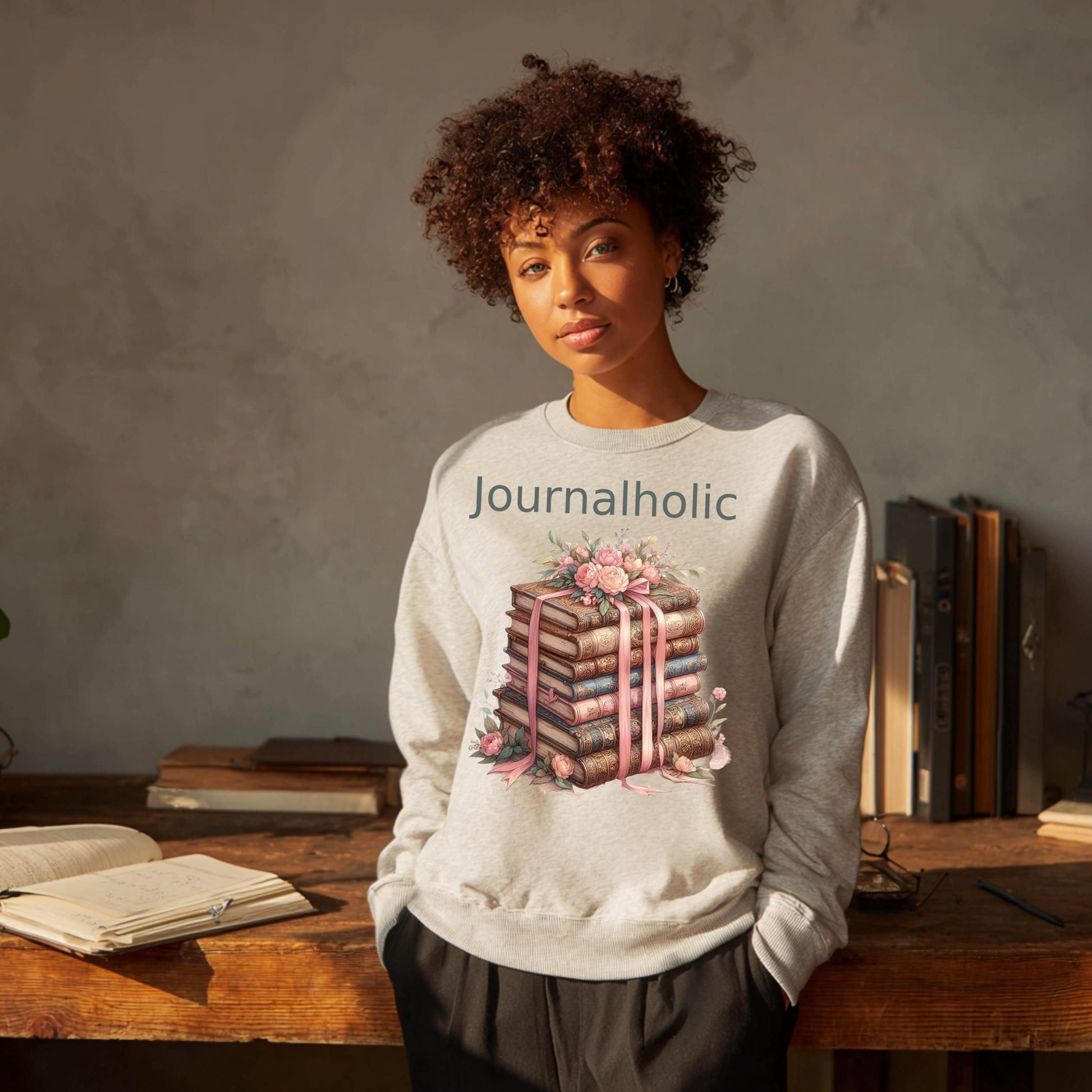 Journalholic Sweatshirt Book Lover Crewneck Gildan 18000 Cozy Reading Sweater Bibliophile Gift Vintage Floral Bookstack