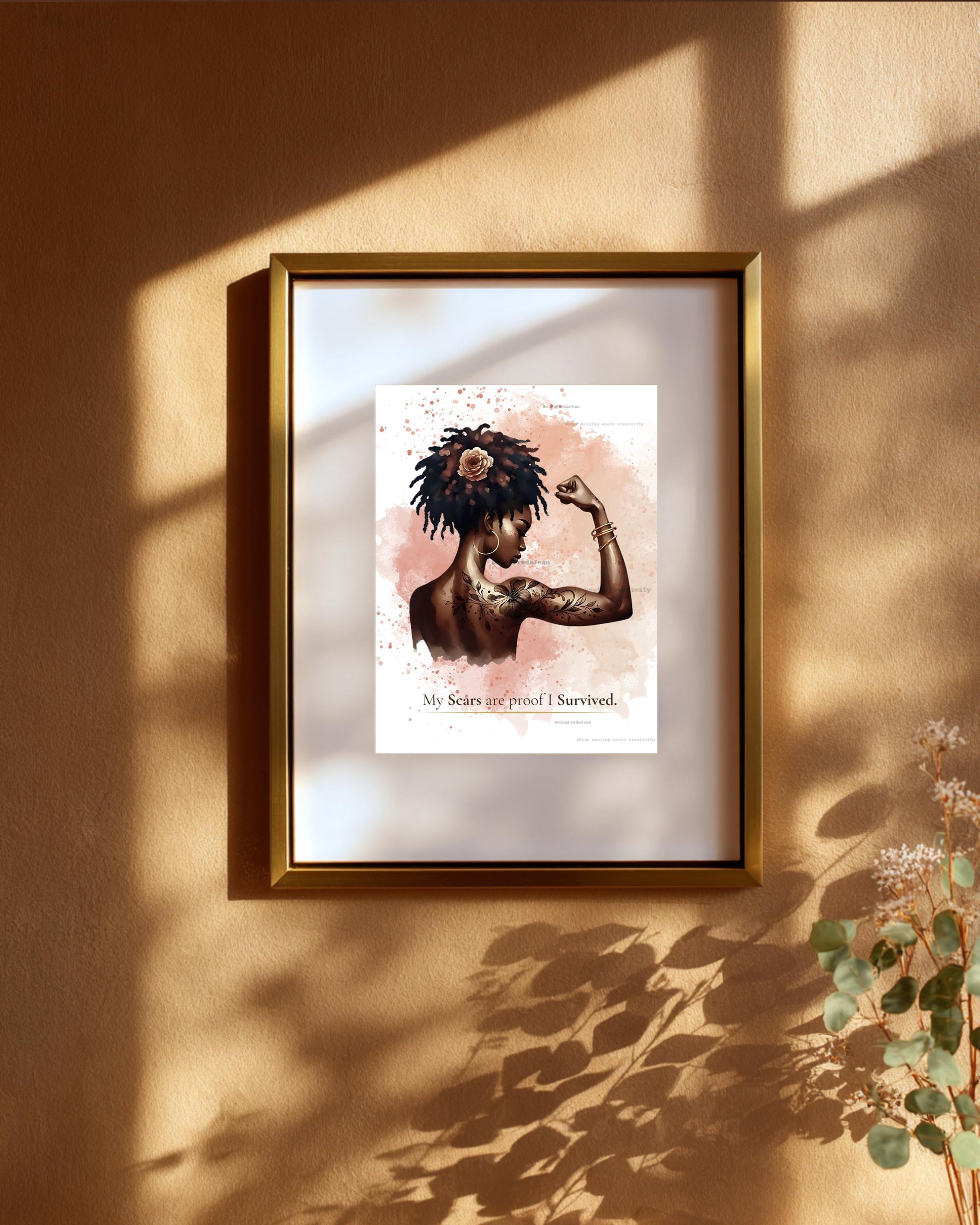Tattooed Black Woman Art Print: Scars Are Proof, Mental Health Affirmation (PDF & JPG Download)