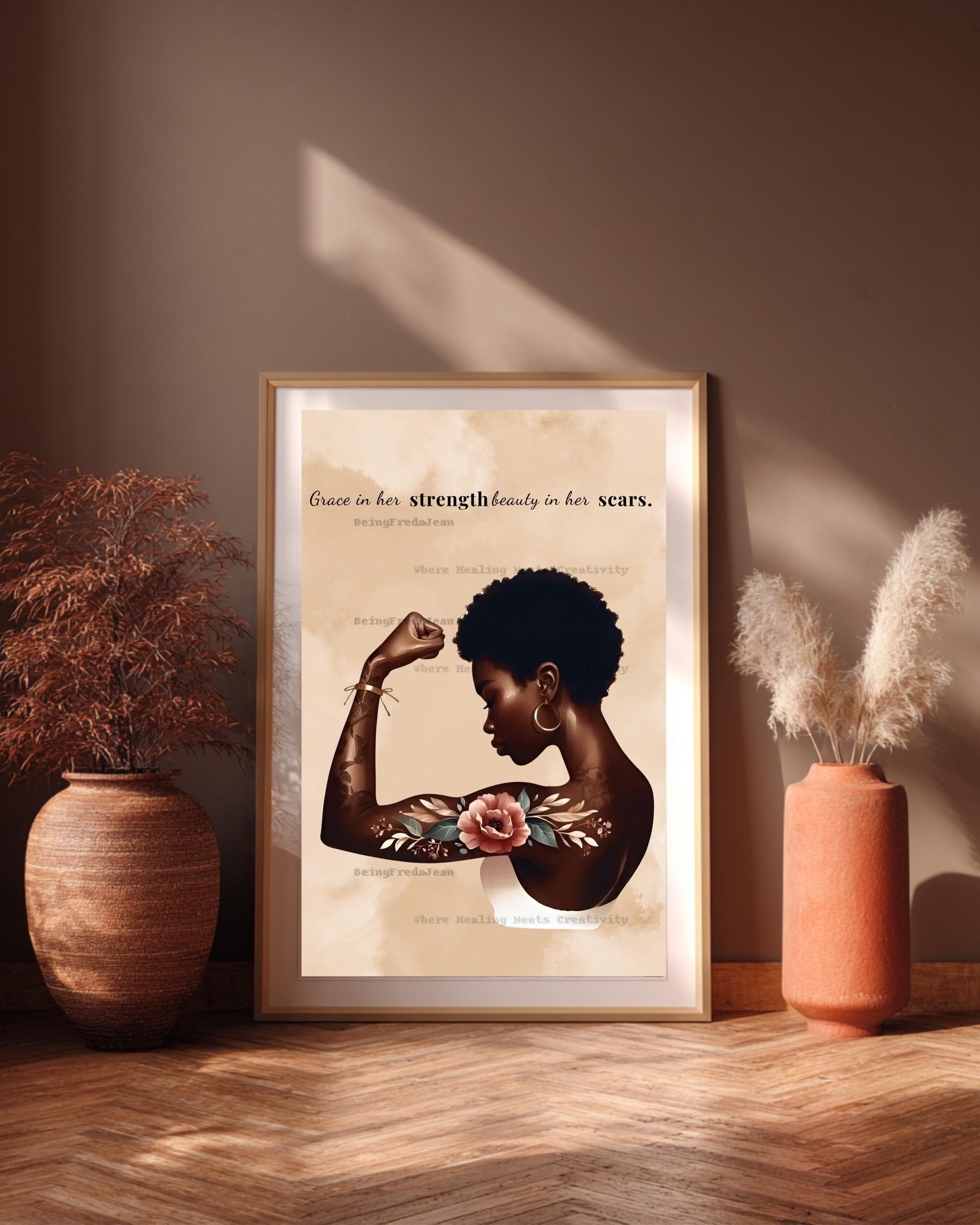 Tattooed Black Woman Art Print: Grace In Her Strength Healing Wall Decor (PDF & JPG Digital Download)