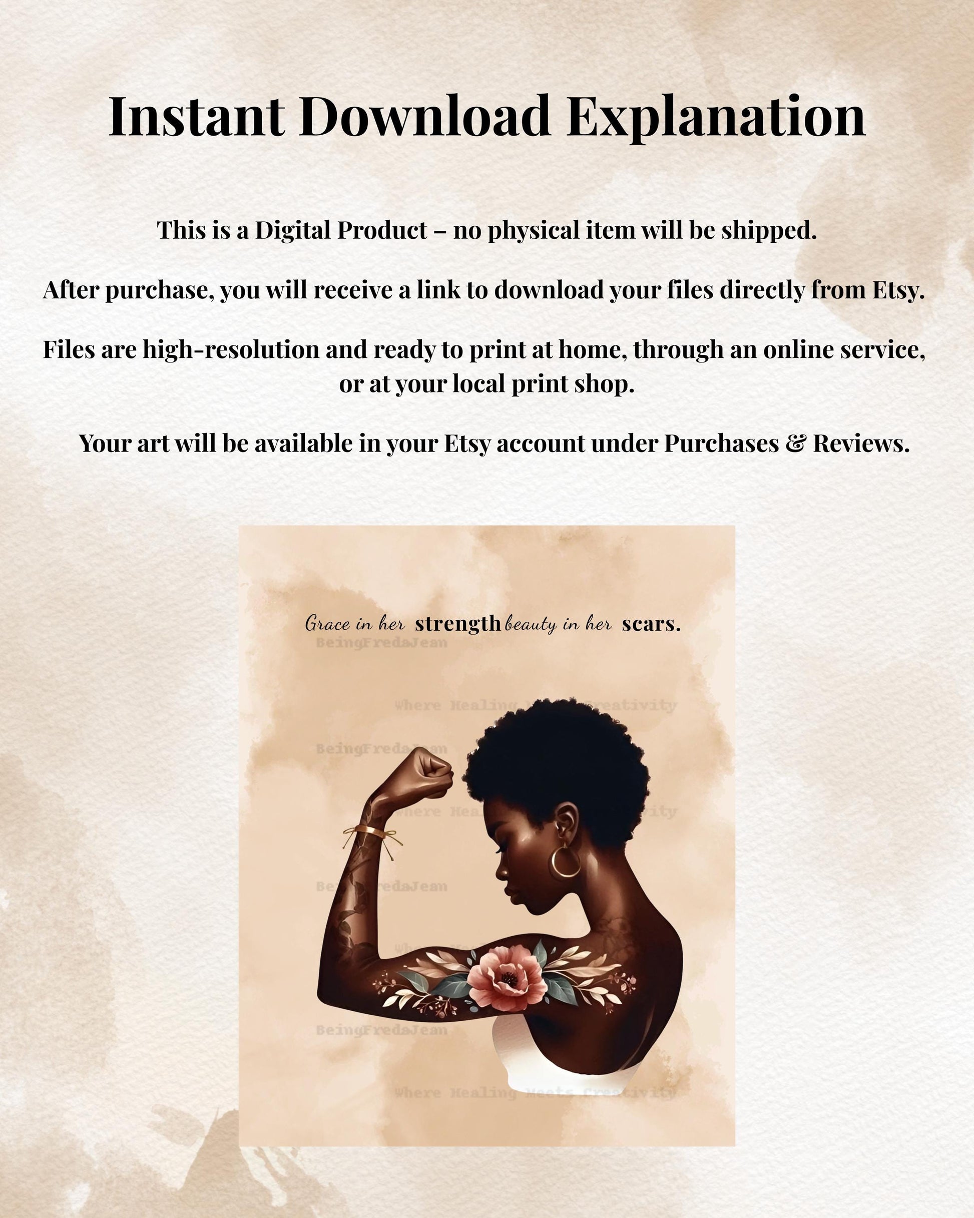 Tattooed Black Woman Art Print: Grace In Her Strength Healing Wall Decor (PDF & JPG Digital Download)