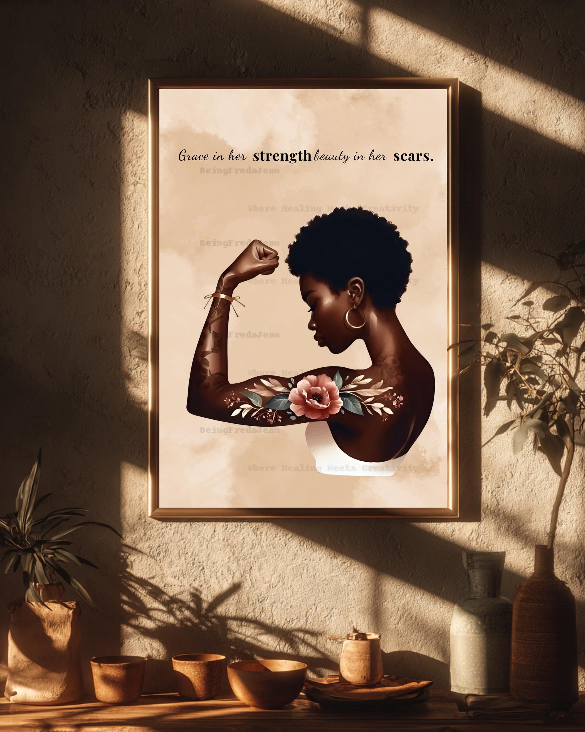 Tattooed Black Woman Art Print: Grace In Her Strength Healing Wall Decor (PDF & JPG Digital Download)