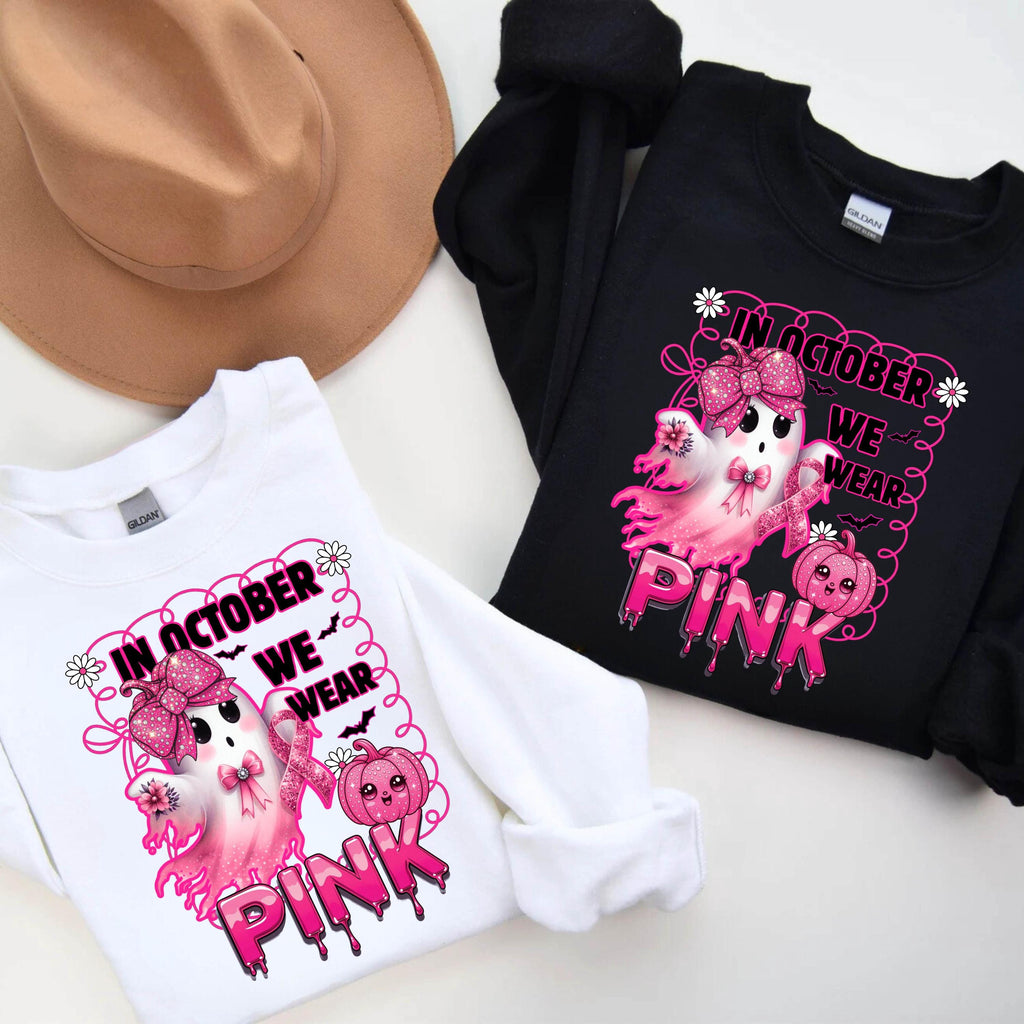 In October We Wear Pink Sweatshirt | Breast Cancer Awareness Ghost Crewneck | Cute Pink Ribbon Halloween Shirt | Gildan 18000