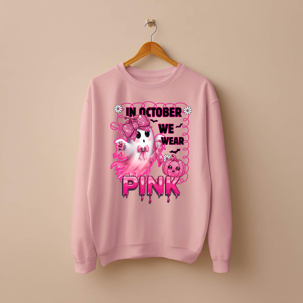 In October We Wear Pink Sweatshirt | Breast Cancer Awareness Ghost Crewneck | Cute Pink Ribbon Halloween Shirt | Gildan 18000