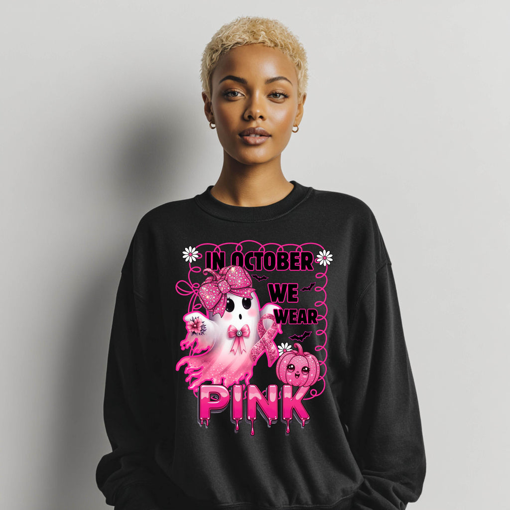 In October We Wear Pink Sweatshirt | Breast Cancer Awareness Ghost Crewneck | Cute Pink Ribbon Halloween Shirt | Gildan 18000