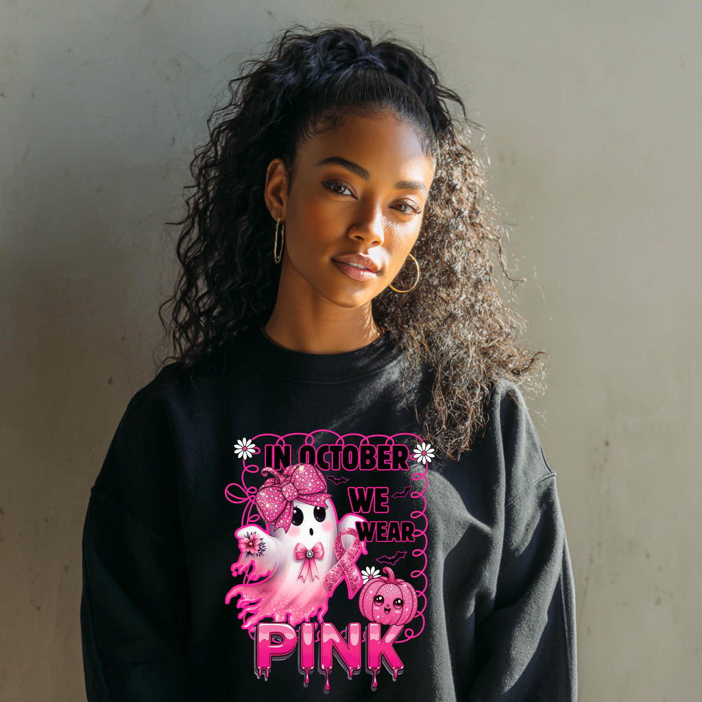 In October We Wear Pink Sweatshirt | Breast Cancer Awareness Ghost Crewneck | Cute Pink Ribbon Halloween Shirt | Gildan 18000