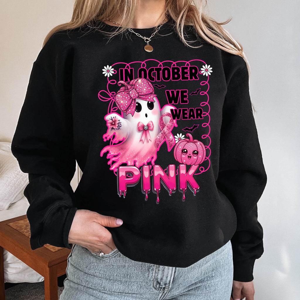 In October We Wear Pink Sweatshirt | Breast Cancer Awareness Ghost Crewneck | Cute Pink Ribbon Halloween Shirt | Gildan 18000