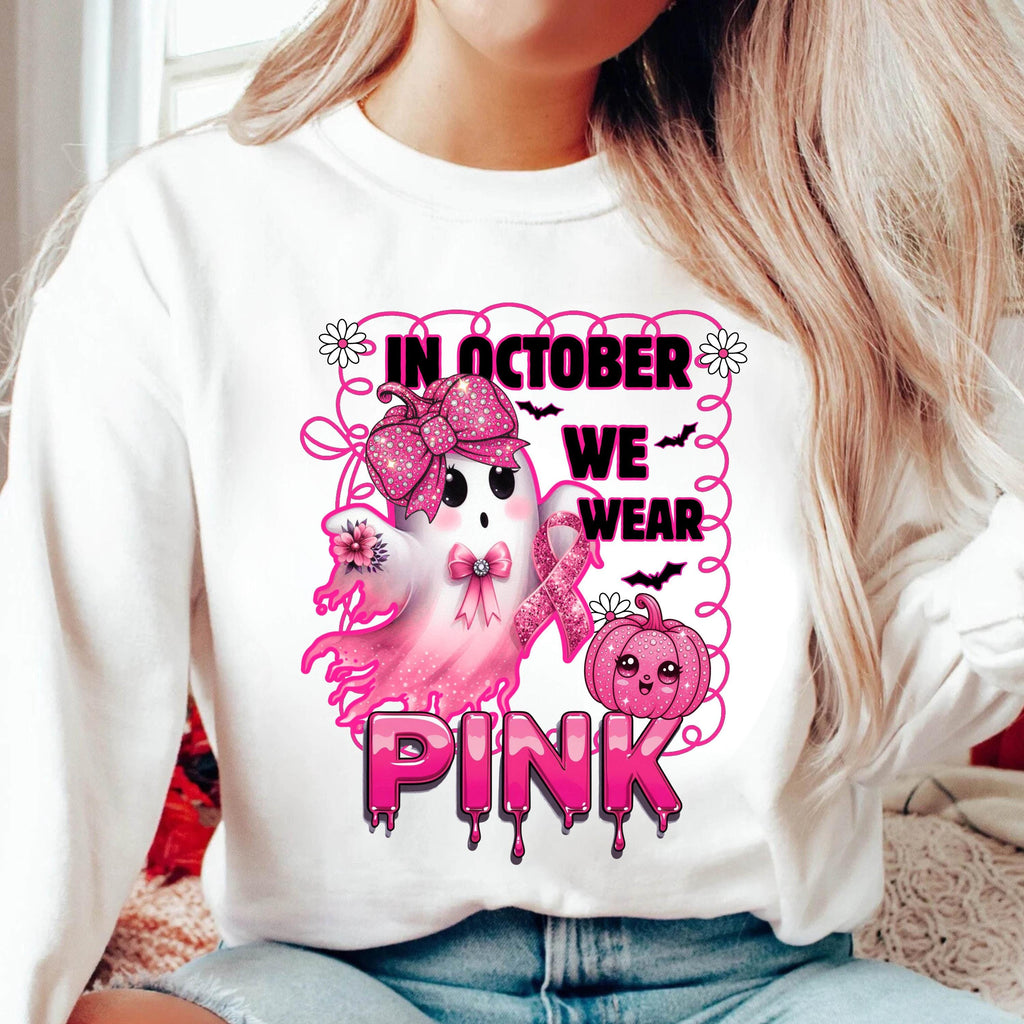 In October We Wear Pink Sweatshirt | Breast Cancer Awareness Ghost Crewneck | Cute Pink Ribbon Halloween Shirt | Gildan 18000