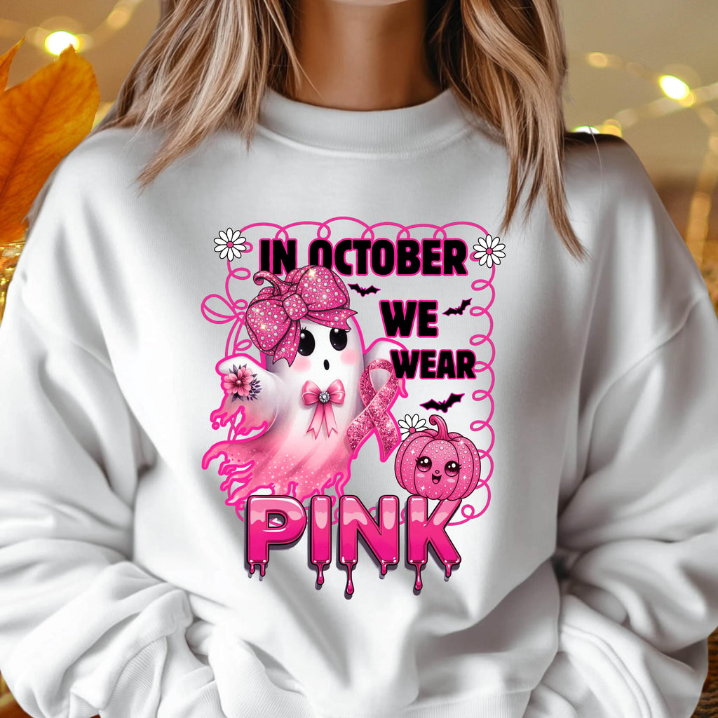 In October We Wear Pink Sweatshirt | Breast Cancer Awareness Ghost Crewneck | Cute Pink Ribbon Halloween Shirt | Gildan 18000