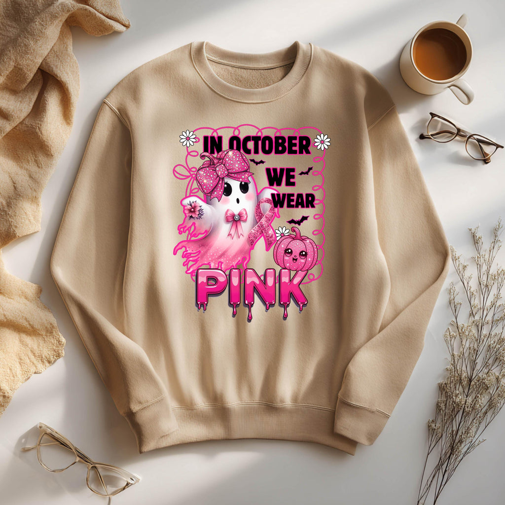 In October We Wear Pink Sweatshirt | Breast Cancer Awareness Ghost Crewneck | Cute Pink Ribbon Halloween Shirt | Gildan 18000