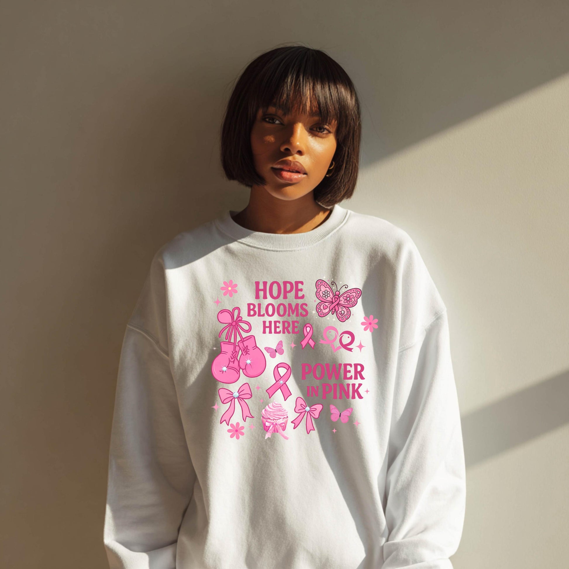 Hope Blooms Here Power in Pink Sweatshirt | Breast Cancer Awareness Crewneck | Pink Ribbon Support Shirt | Gildan 18000