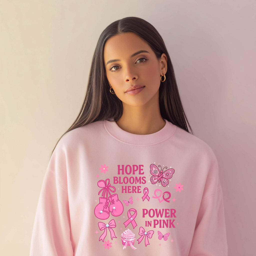 Hope Blooms Here Power in Pink Sweatshirt | Breast Cancer Awareness Crewneck | Pink Ribbon Support Shirt | Gildan 18000