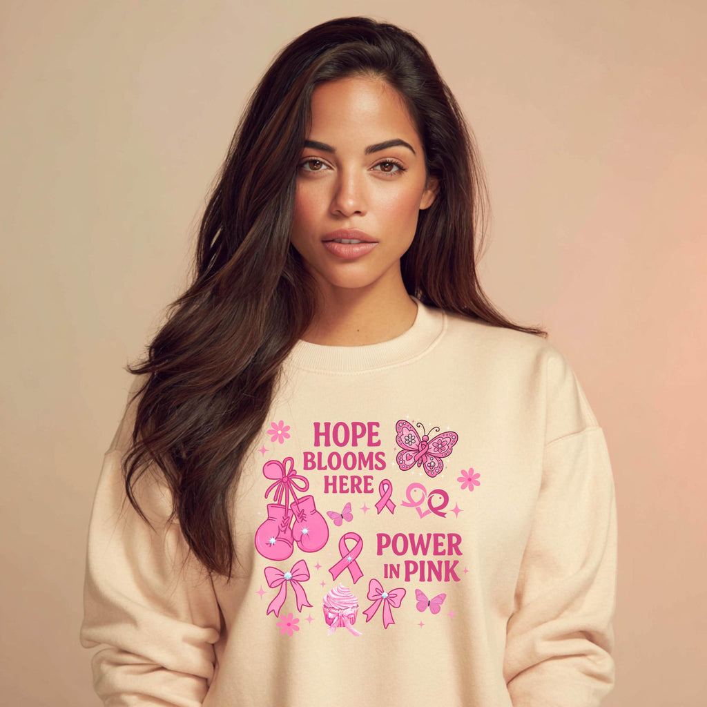 Hope Blooms Here Power in Pink Sweatshirt | Breast Cancer Awareness Crewneck | Pink Ribbon Support Shirt | Gildan 18000