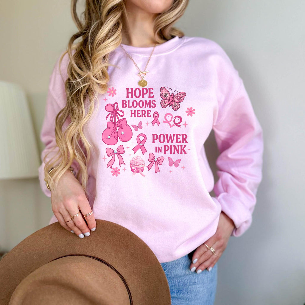 Hope Blooms Here Power in Pink Sweatshirt | Breast Cancer Awareness Crewneck | Pink Ribbon Support Shirt | Gildan 18000