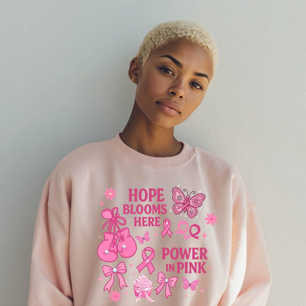 Hope Blooms Here Power in Pink Sweatshirt | Breast Cancer Awareness Crewneck | Pink Ribbon Support Shirt | Gildan 18000