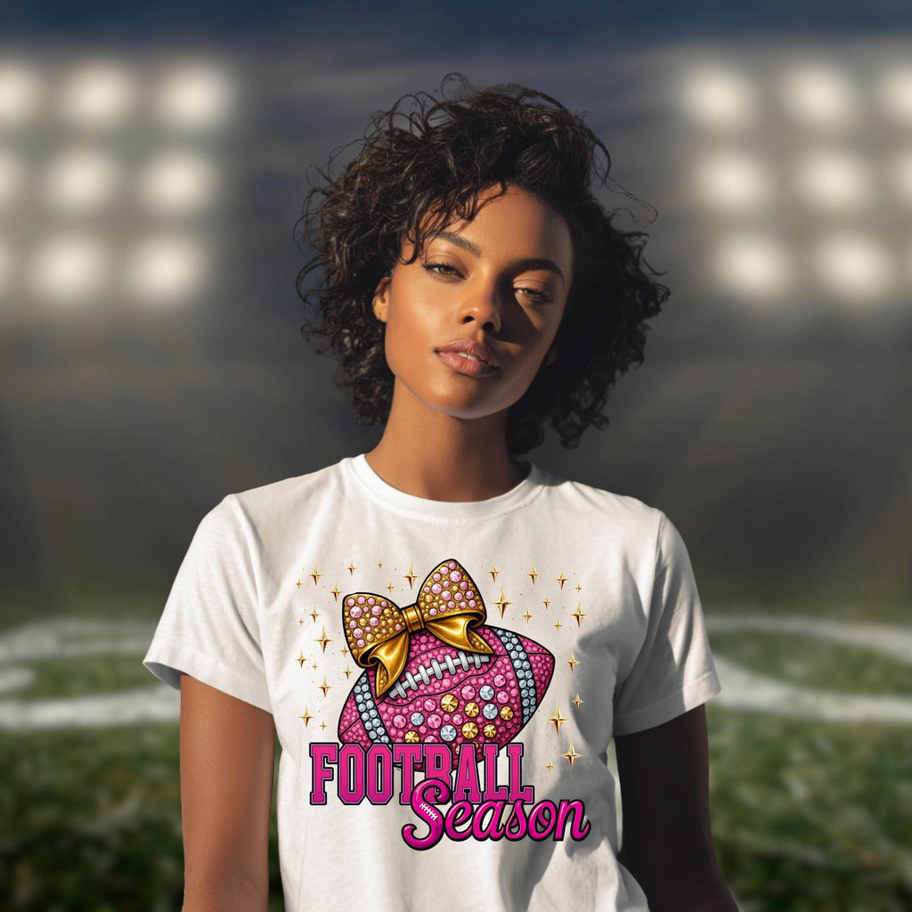 Pink Football Season Shirt | Rhinestone Bow Sparkle Football Tee | Game Day Glam T-Shirt | Bling Sports Mom Top | Bella Canvas 6400