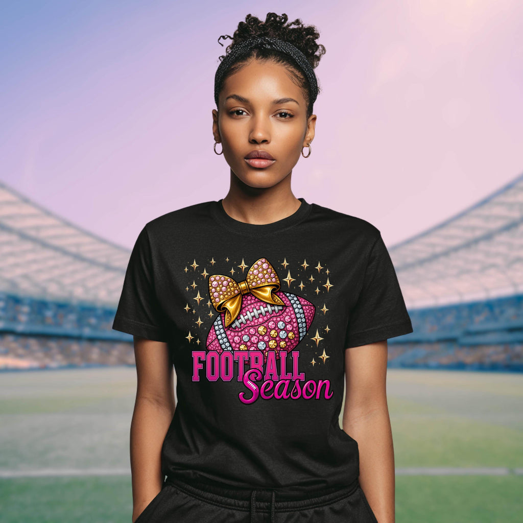 Pink Football Season Shirt | Rhinestone Bow Sparkle Football Tee | Game Day Glam T-Shirt | Bling Sports Mom Top | Bella Canvas 6400